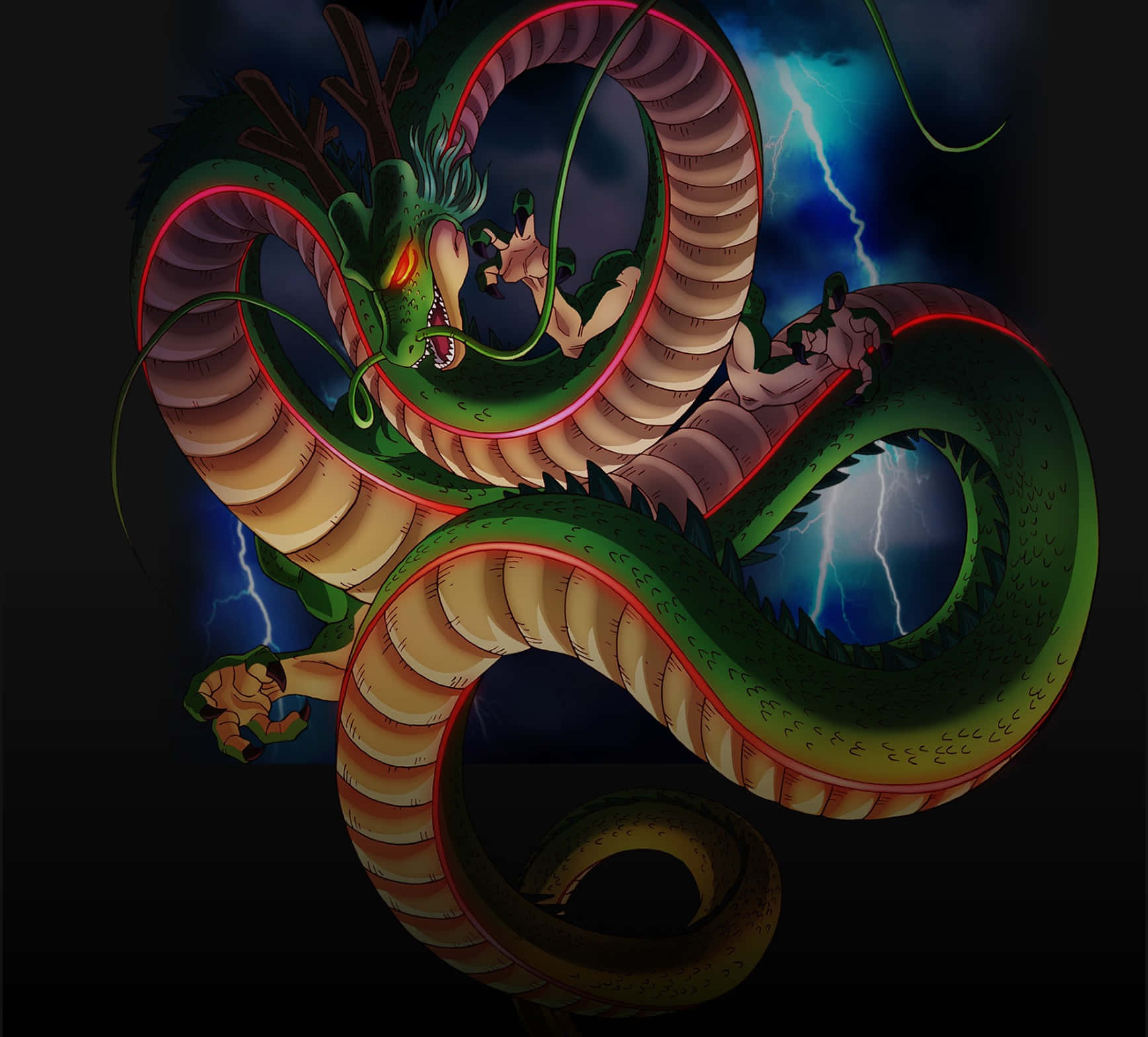  壁紙 — 一條巨大的綠色龍在暴風雨的天空下戲劇性地盤旋，閃電照亮了它發光的紅色眼睛和肌肉發達的騎手。