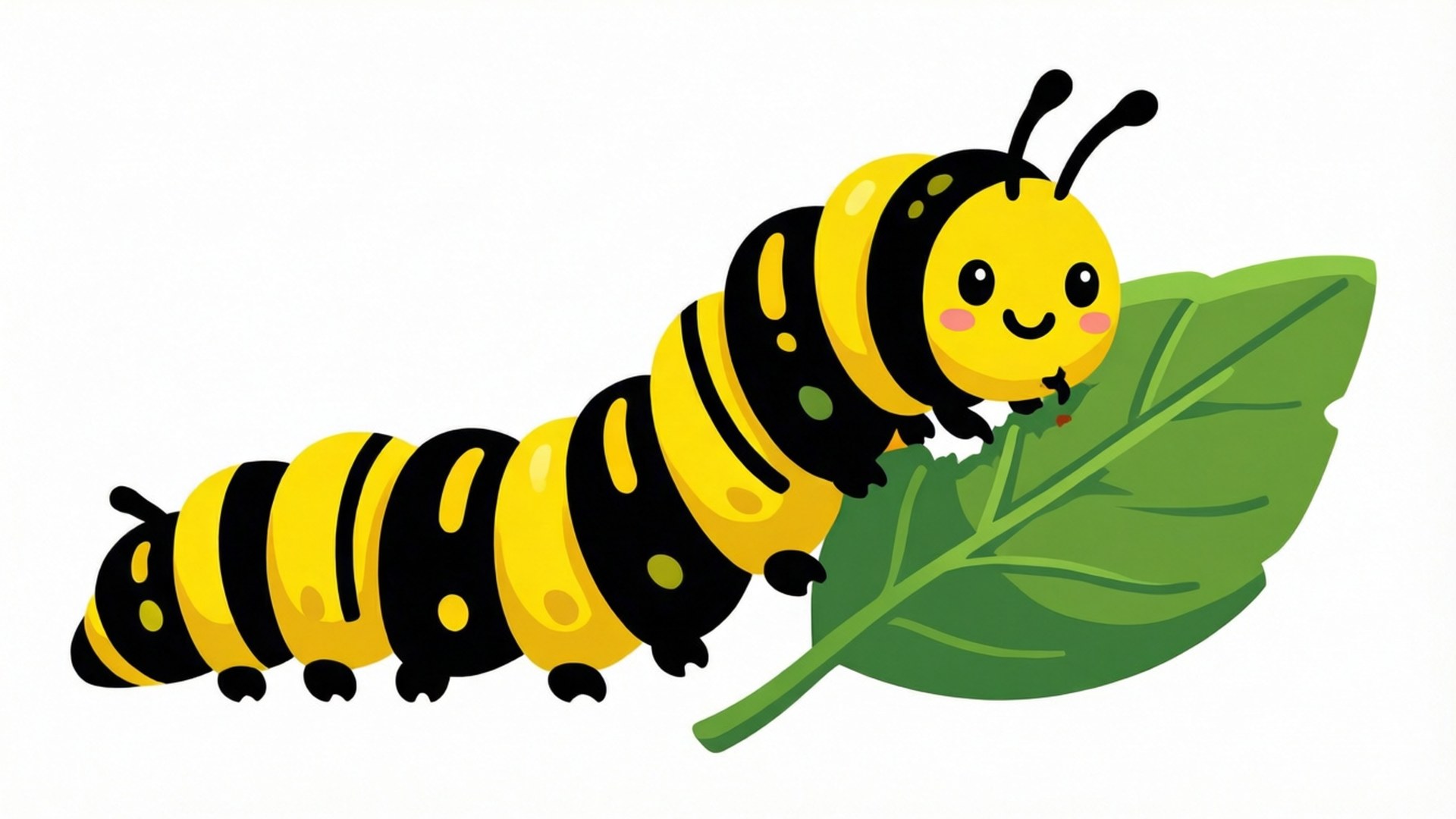 Cute Caterpillar 壁紙 — 一條快樂的黃黑條紋卡通毛毛蟲在純白色背景上愉快地咀嚼著一片鮮綠色的葉子。