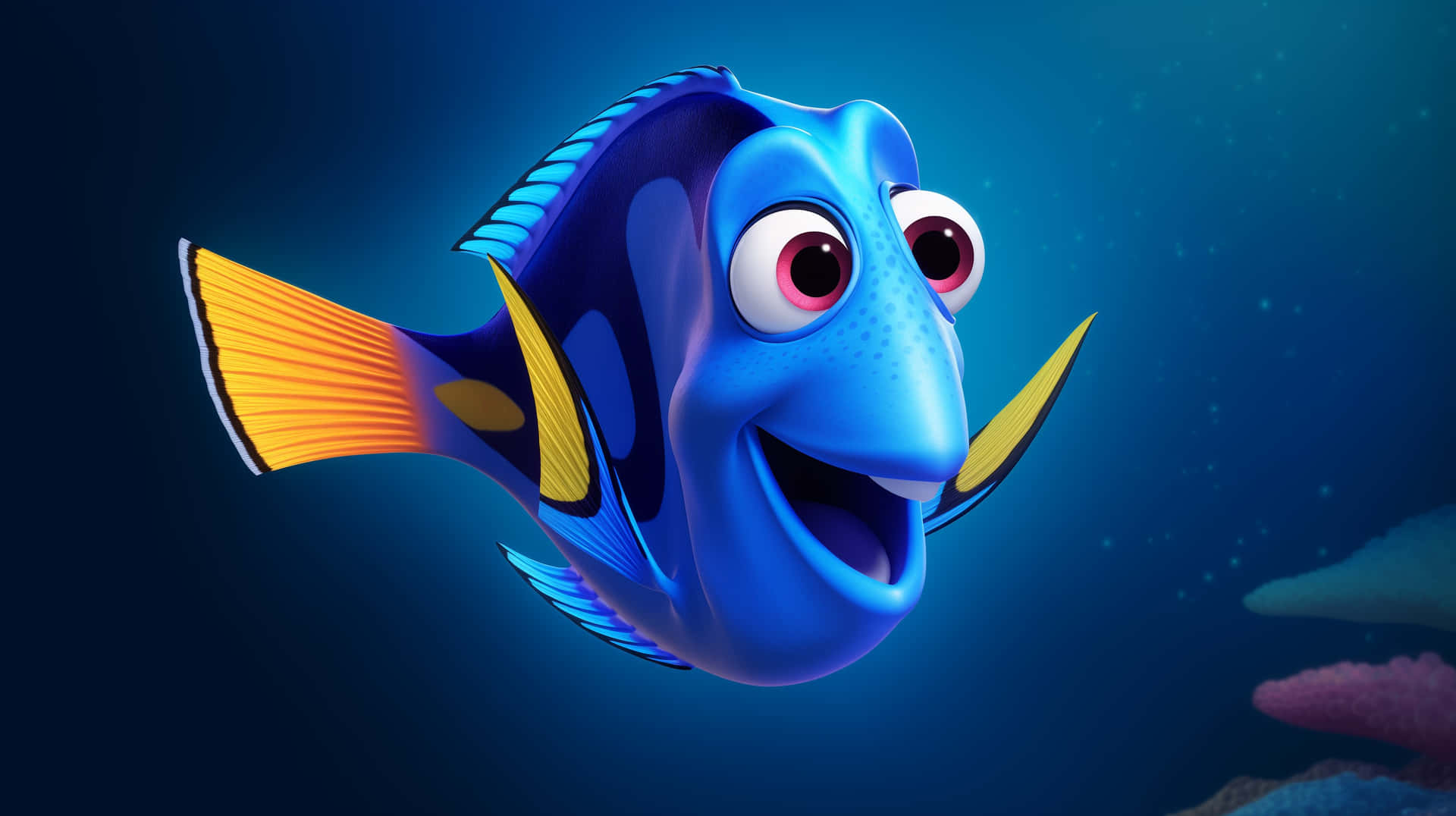  壁紙 — 一條快樂的藍色刺尾魚，帶有橙色魚鰭，在珊瑚附近的深海水域中快樂地游動。