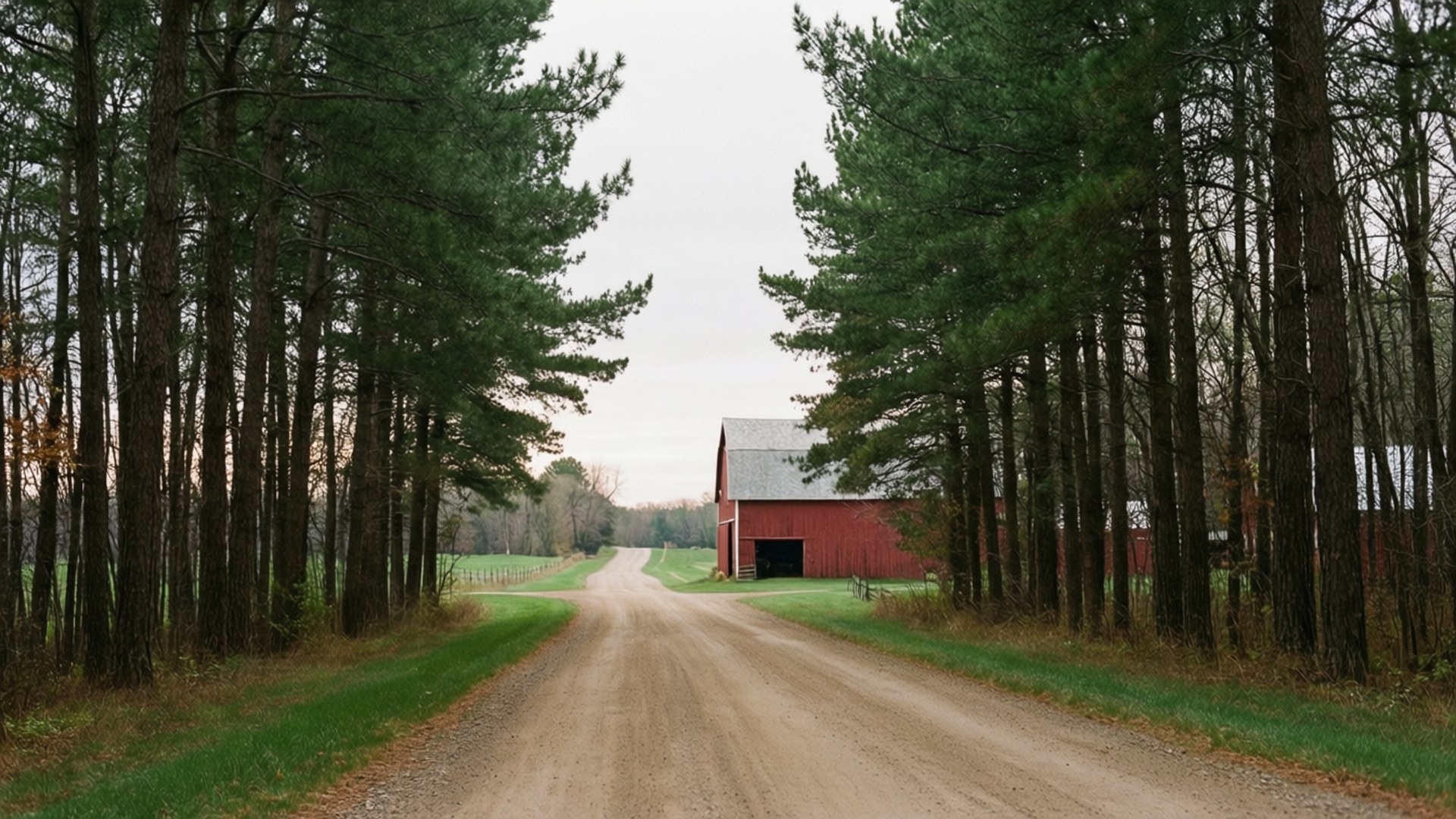 Ashland County 桌布 壁紙 — 一條兩旁種滿高大松樹的泥土路，通向陰天下一間紅色穀倉。