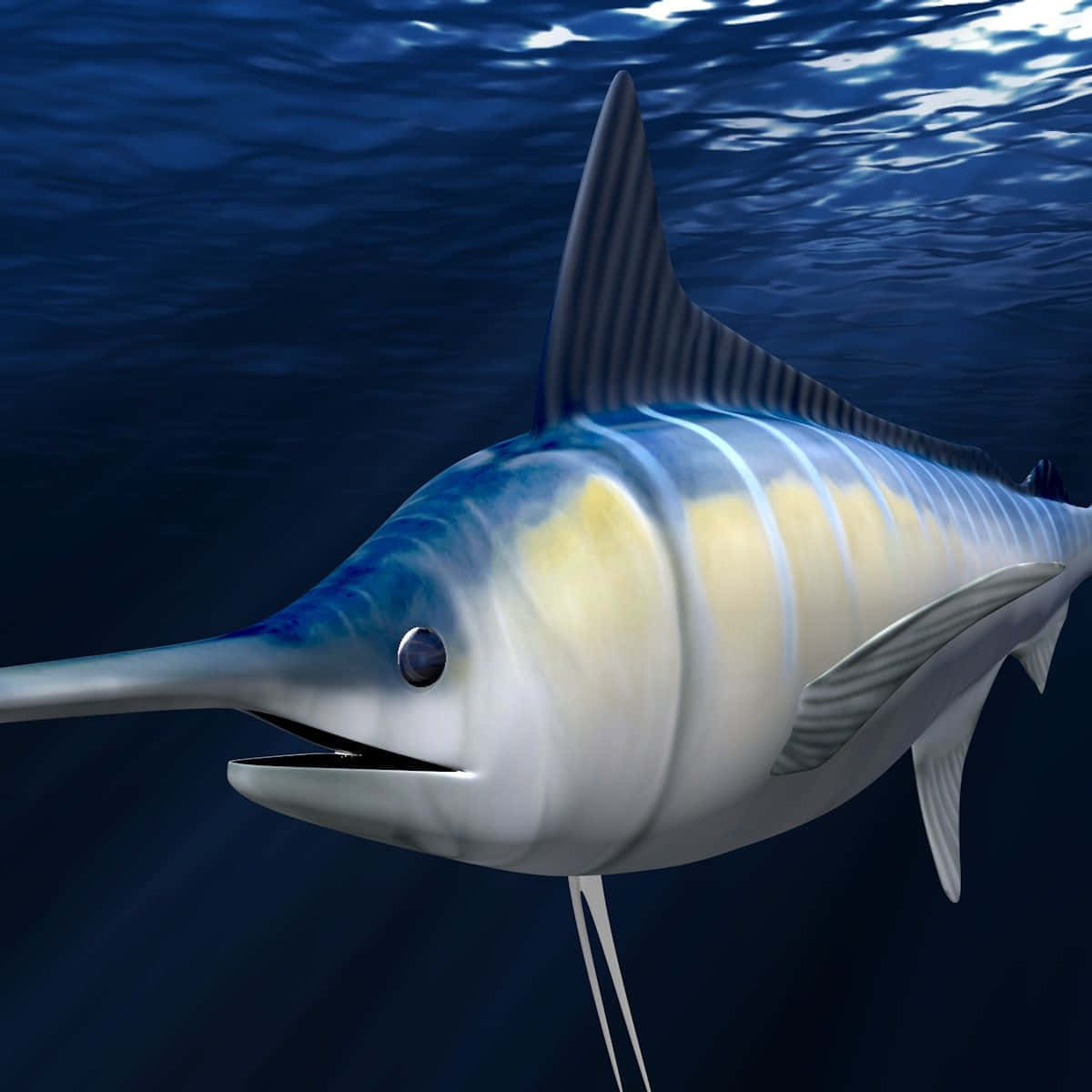  壁紙 — 一條流線型的馬林魚在深藍色海洋中滑行，陽光從上方穿透而下。