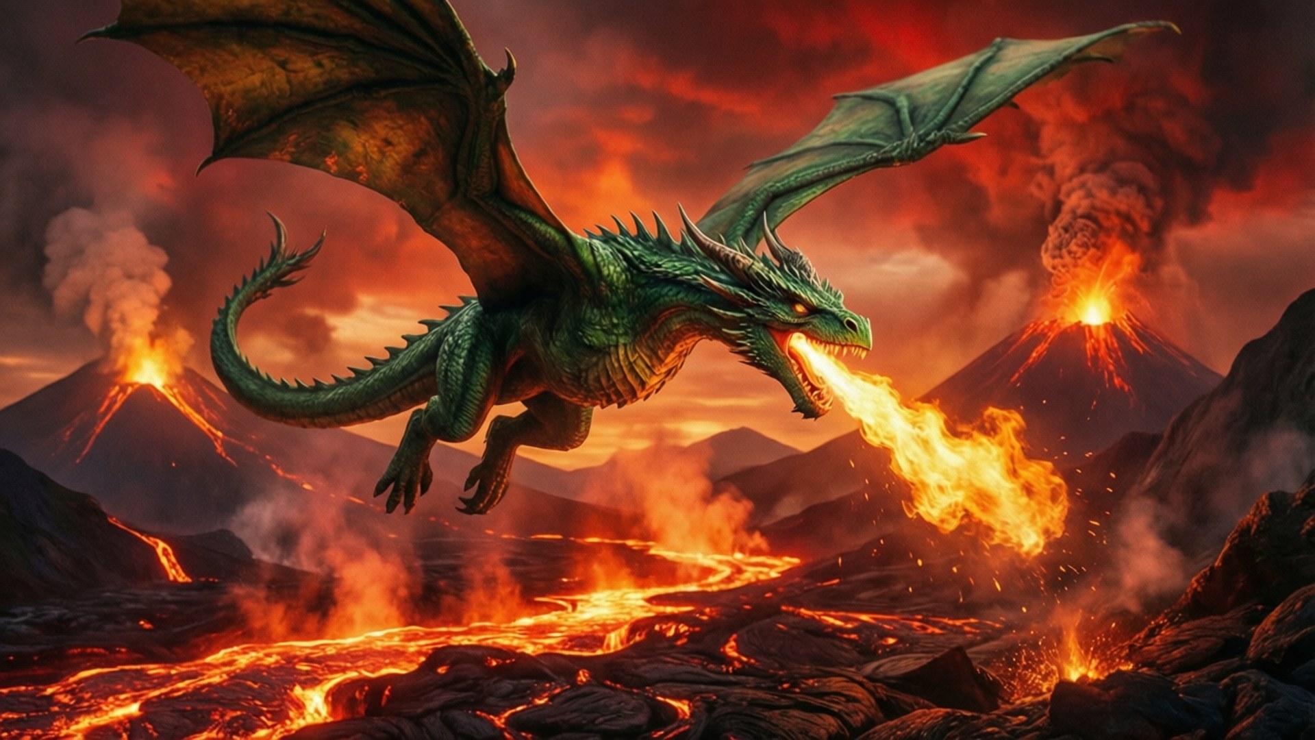 Volcano Dragon Flight 壁紙 — 一條綠色巨龍在火山景觀上空翱翔，噴火，背景中熔岩流淌，山脈爆發。