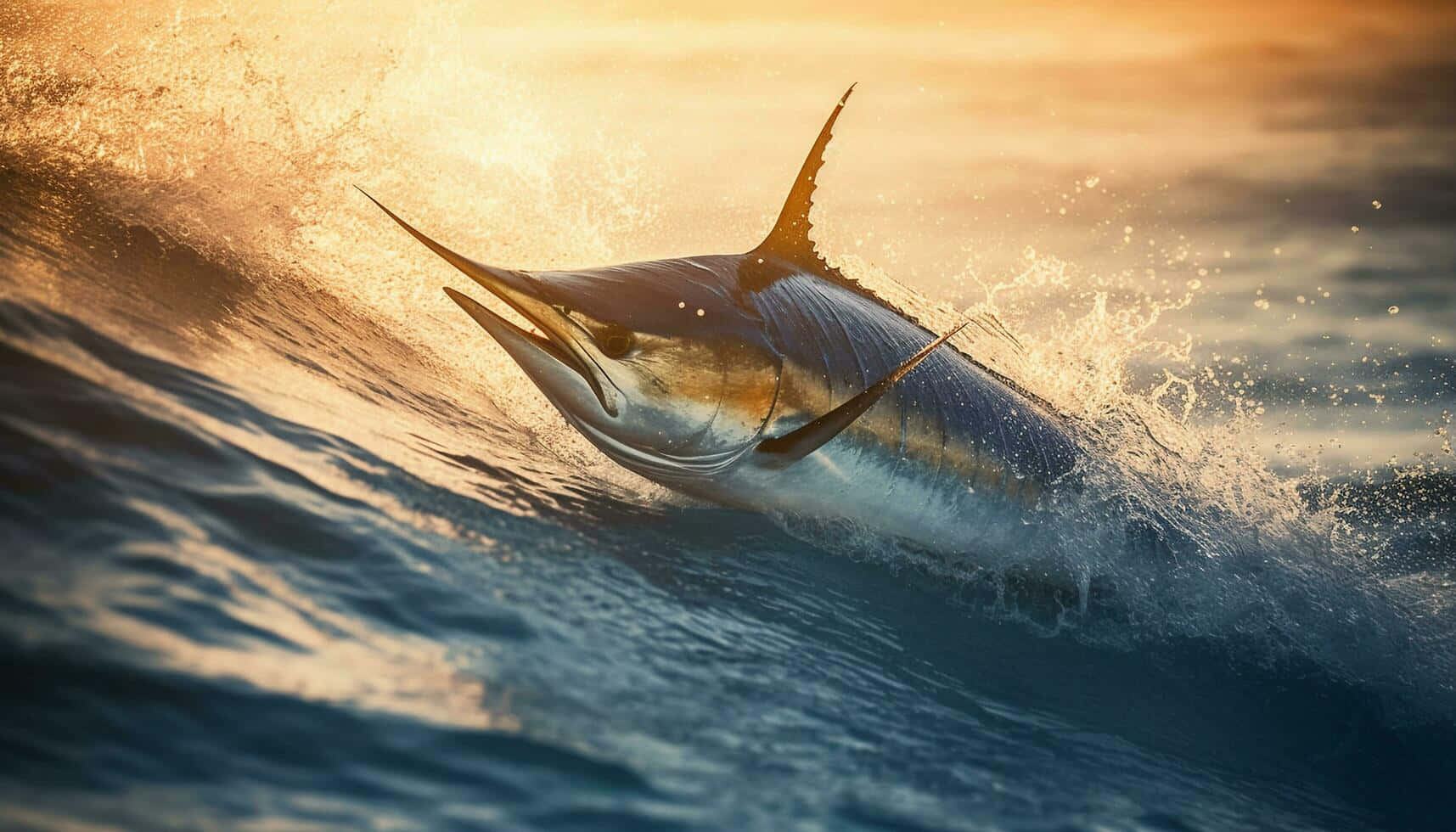  壁紙 — 一條馬林魚在金色日落時分強力地從海浪中躍起，激起戲劇性的水花。