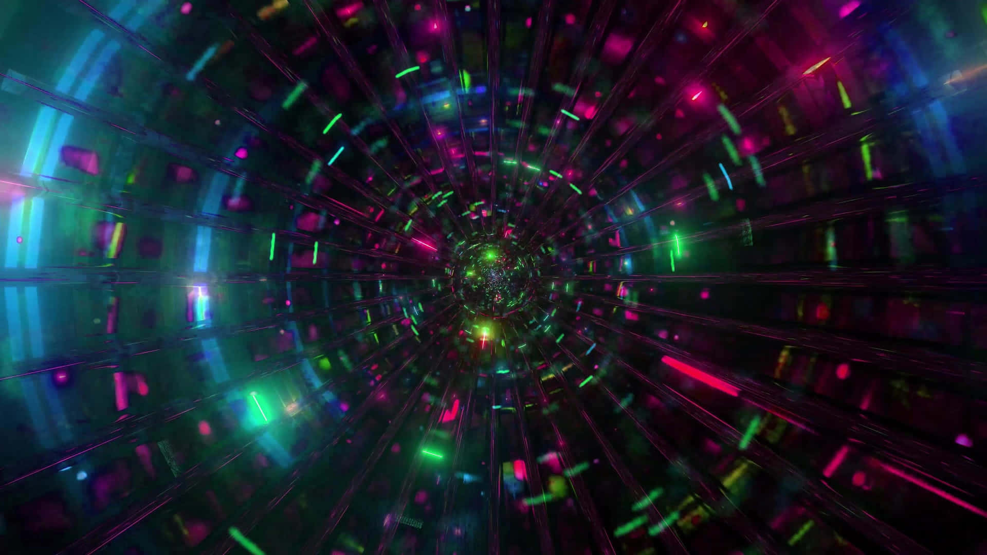 一條發光的霓虹隧道，光線條紋匯聚到明亮的中心。 — 3D 壁紙