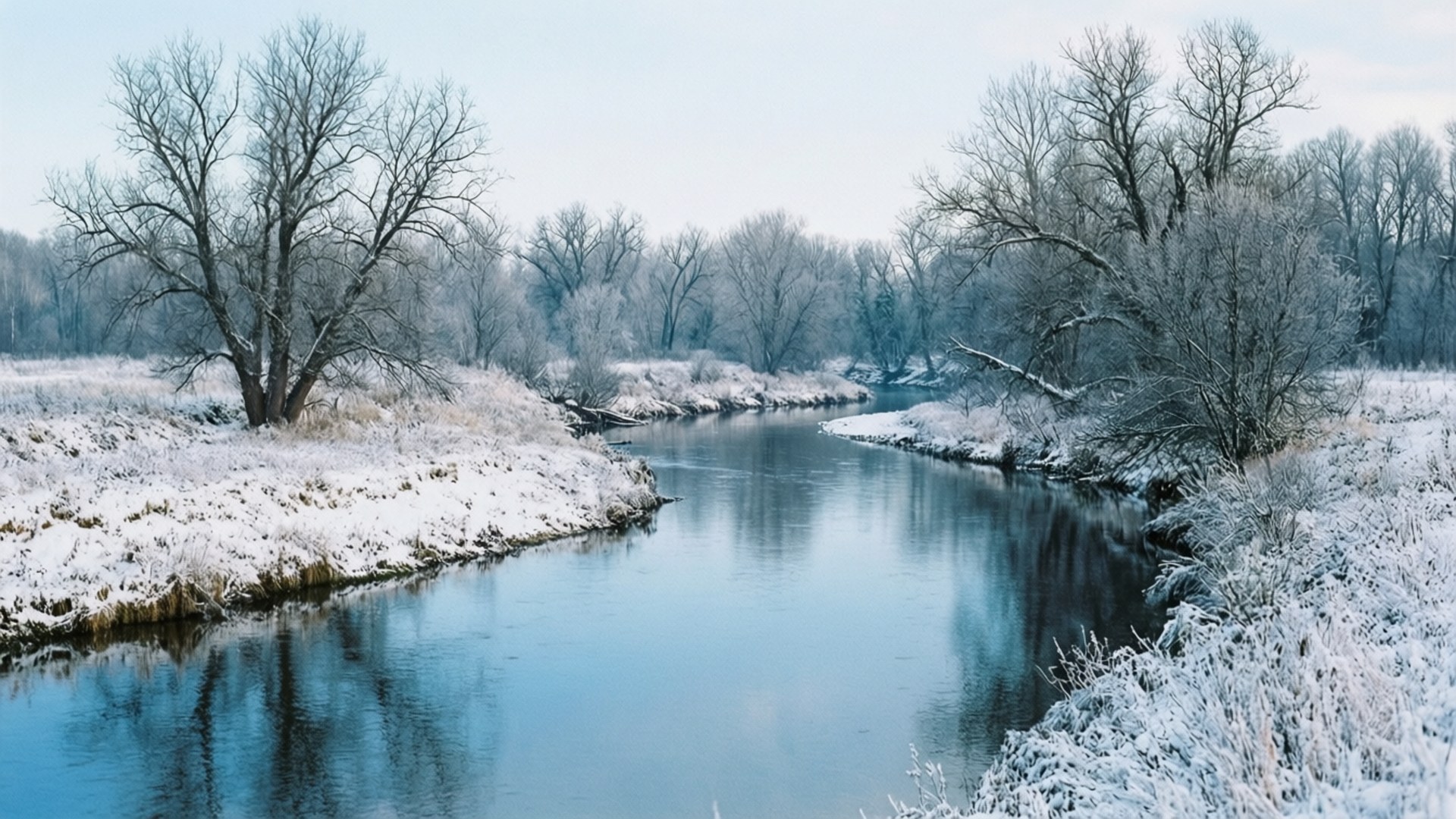 Winter River Serenity 壁紙 — 一條寧靜的冬季河流流過白雪覆蓋的河岸，結霜的樹木倒映在平靜的藍色水中。