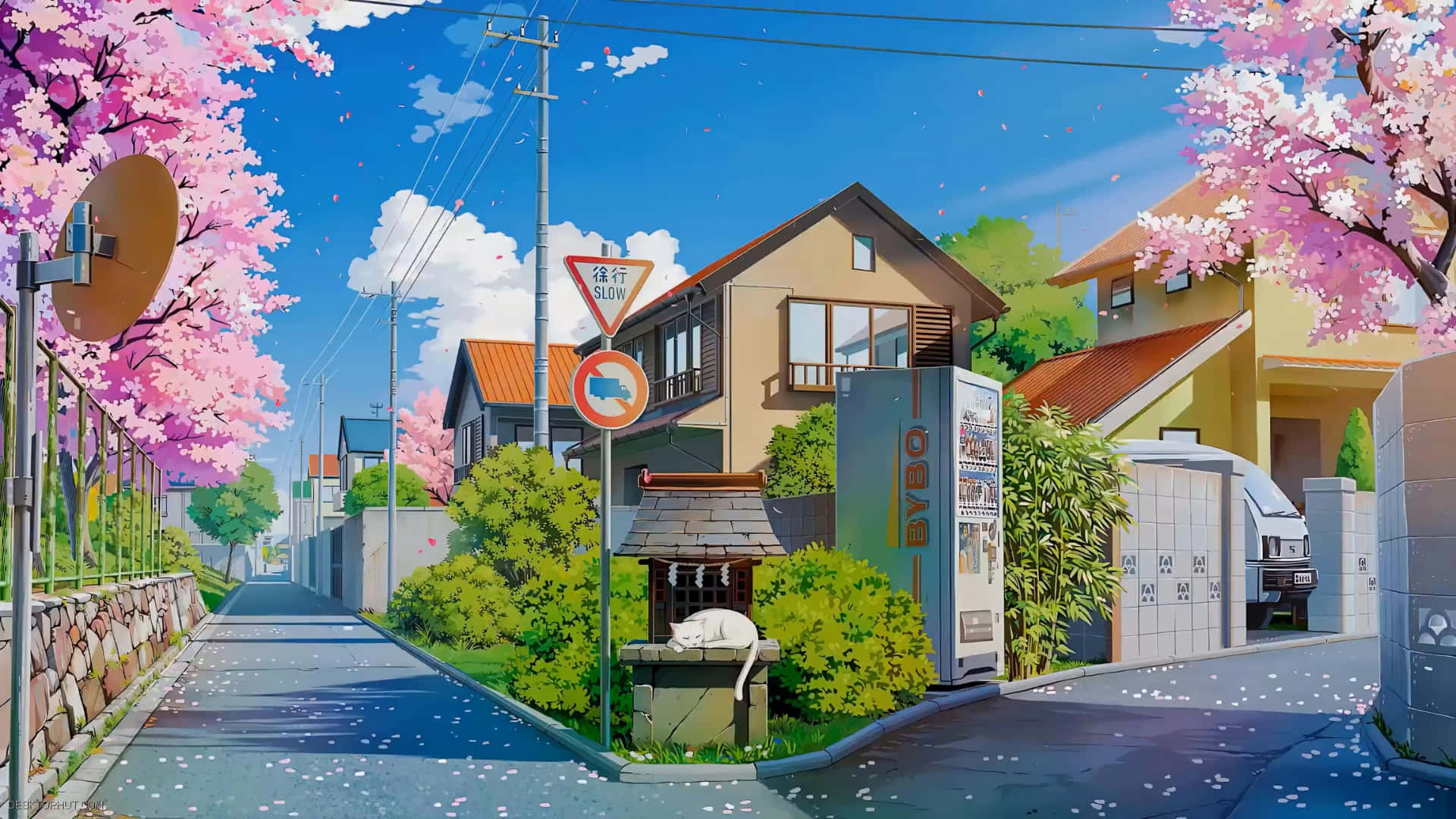  壁紙 — 一條寧靜的動漫風格街道，兩旁種滿盛開的櫻花樹和傳統房屋，上方是明亮的藍天。