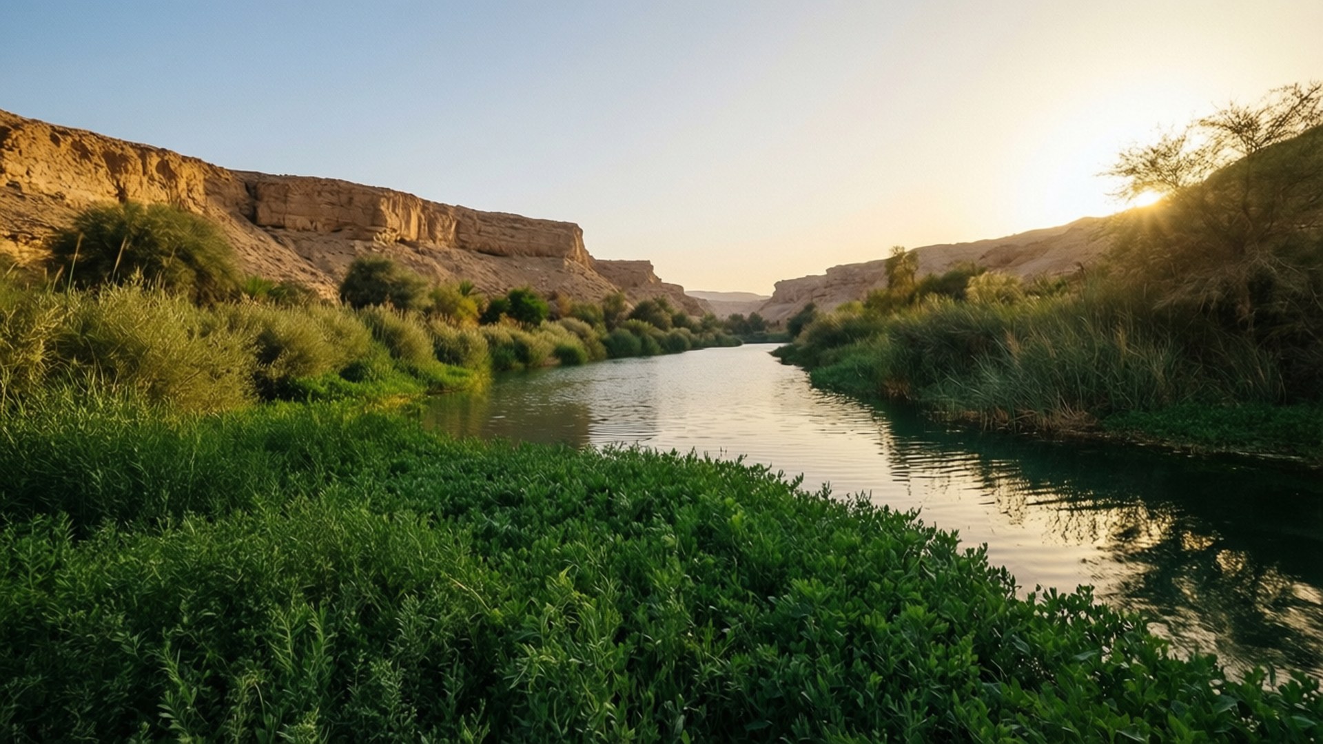 Wadi Hanifah Golden Hour 壁紙 — 一條寧靜的河流蜿蜒穿過茂密的綠色植被，兩旁是高聳的沙崖，夕陽在遠山後落下。