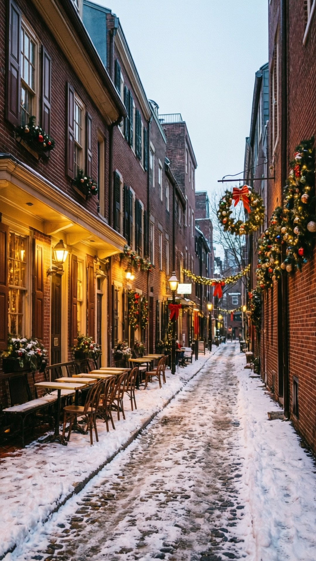 Winter in Elfreth's Alley 壁紙 — 一條鋪滿白雪的鵝卵石小巷，兩旁是歷史悠久的磚砌建築，裝飾著發光的燈籠和節日花環。