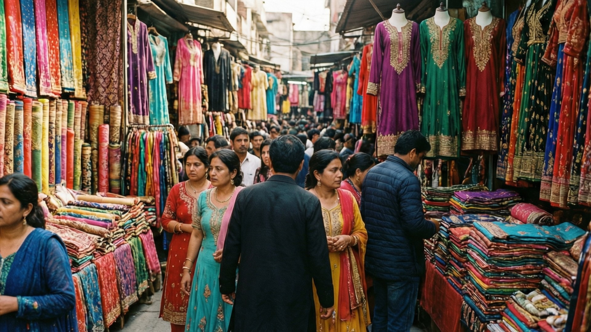 Vibrant Anarkali Bazaar 壁紙 — 一條熱鬧狹窄的市場小巷，擠滿了購物者，瀏覽著色彩繽紛的印度紡織品和服裝的堆疊和掛卷。