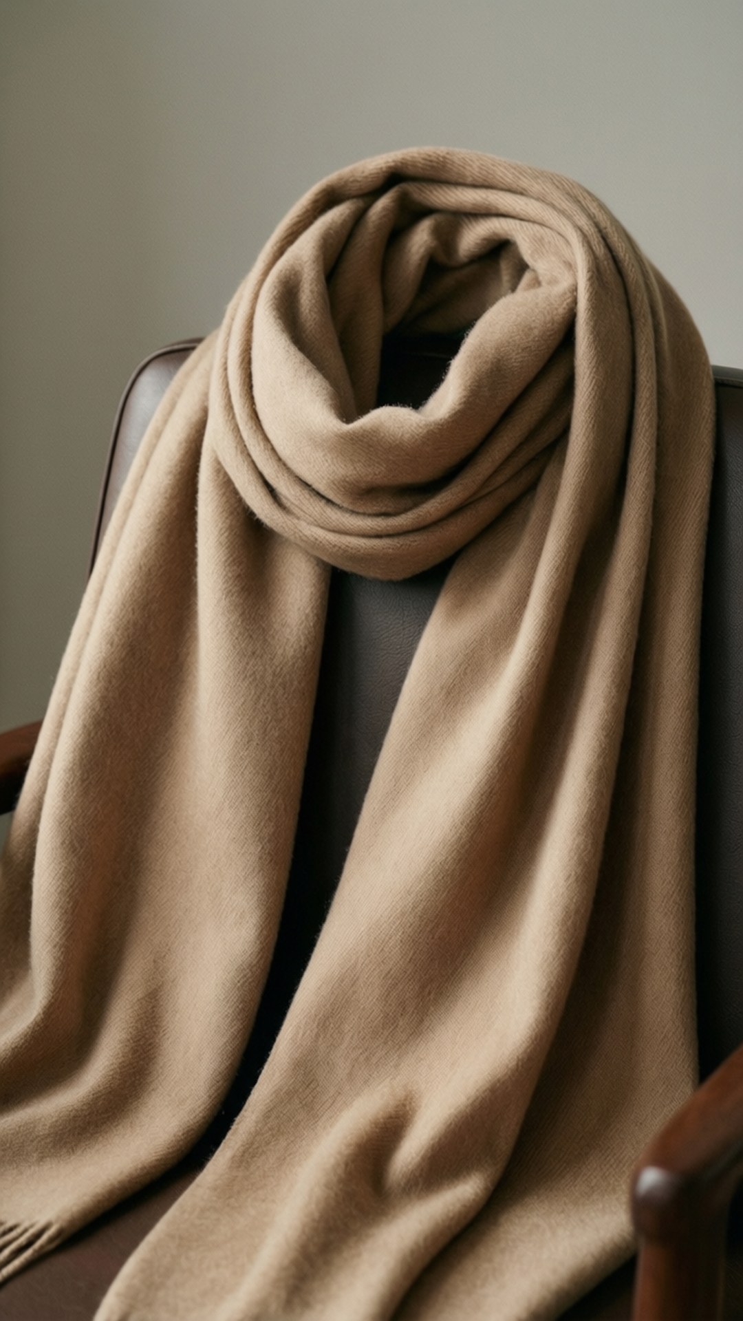 Beige Cashmere Scarf 壁紙 — 一條柔軟的駝色喀什米爾圍巾優雅地披在深色皮革椅的靠背上，椅子有木質扶手。