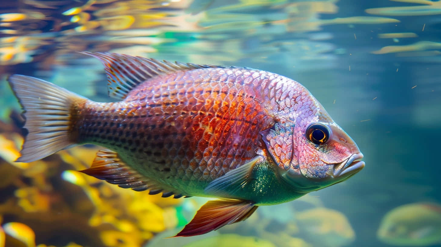  壁紙 — 一條色彩斑斕、帶有虹彩鱗片的魚，在陽光照射的水中優雅地游近色彩繽紛的珊瑚。