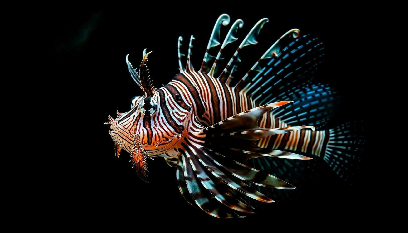  壁紙 — 一條色彩鮮明的獅子魚在漆黑的水中滑行，其有毒的棘刺張開形成戲劇性的剪影。