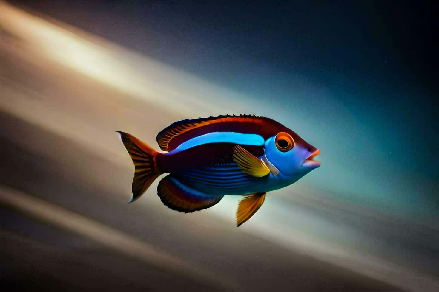  壁紙 — 一條色彩鮮豔的熱帶魚，帶有電光藍和火橙色條紋，在陽光照射的海水中滑行。