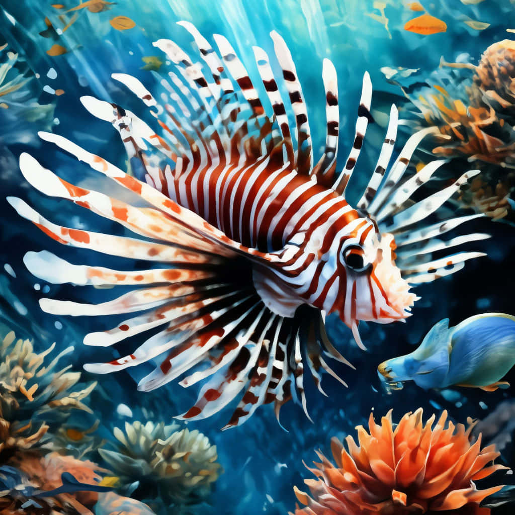  壁紙 — 一條色彩鮮豔的獅子魚，帶有醒目的紅白條紋，在藍色海洋光照耀下的多彩珊瑚礁中優雅游動。