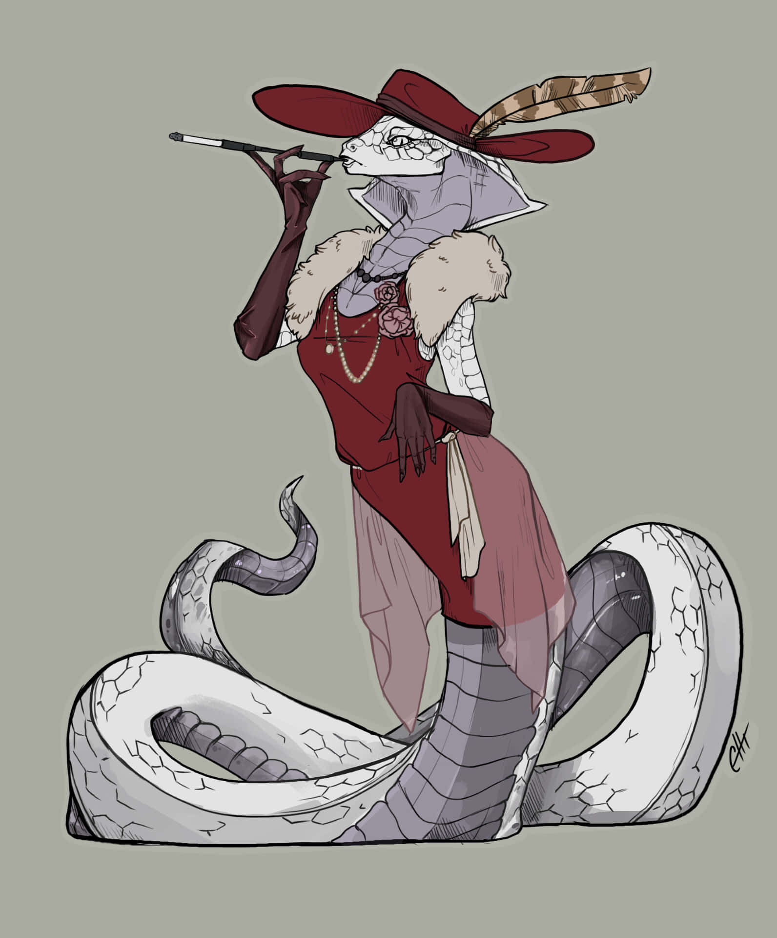 Madam Red 桌布 壁紙 — 一條時尚的擬人化蛇，戴著紅色帽子和穿著紅色裙子，優雅地盤繞在純色背景上，抽著煙。