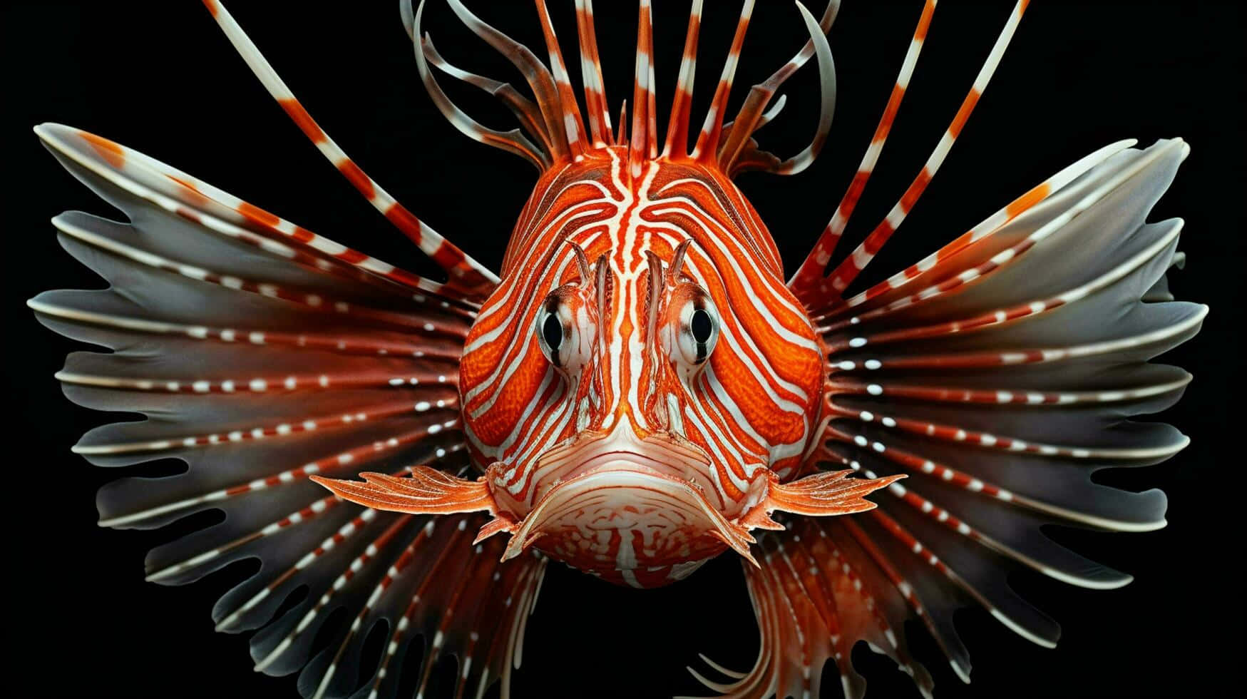  壁紙 — 一條獅子魚的特寫，帶有鮮明的橙色和白色條紋，背景為黑色。