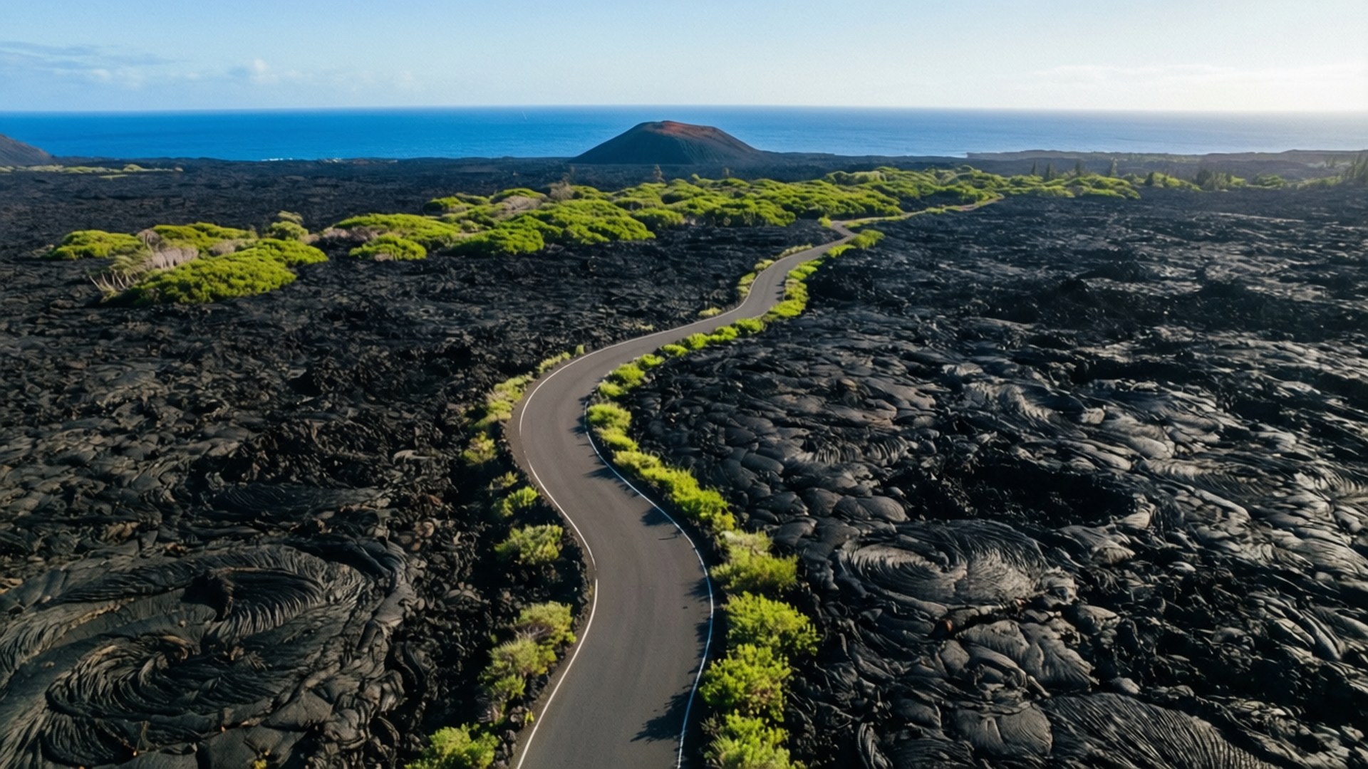 Chain of Craters Road 壁紙 — 一條蜿蜒的道路穿過廣闊的黑色熔岩原，點綴著鮮綠色的灌木叢，在清澈的藍天下。