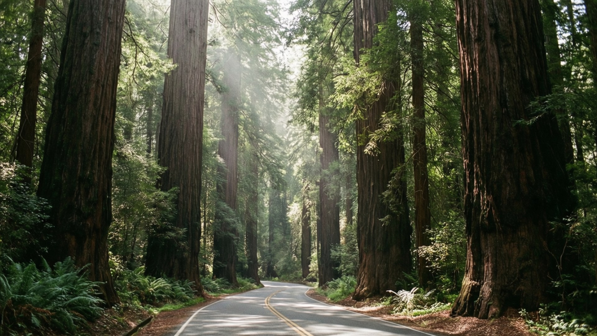 Avenue of the Giants 壁紙 — 一條蜿蜒的道路穿過茂密的紅杉森林，陽光透過樹冠灑落。
