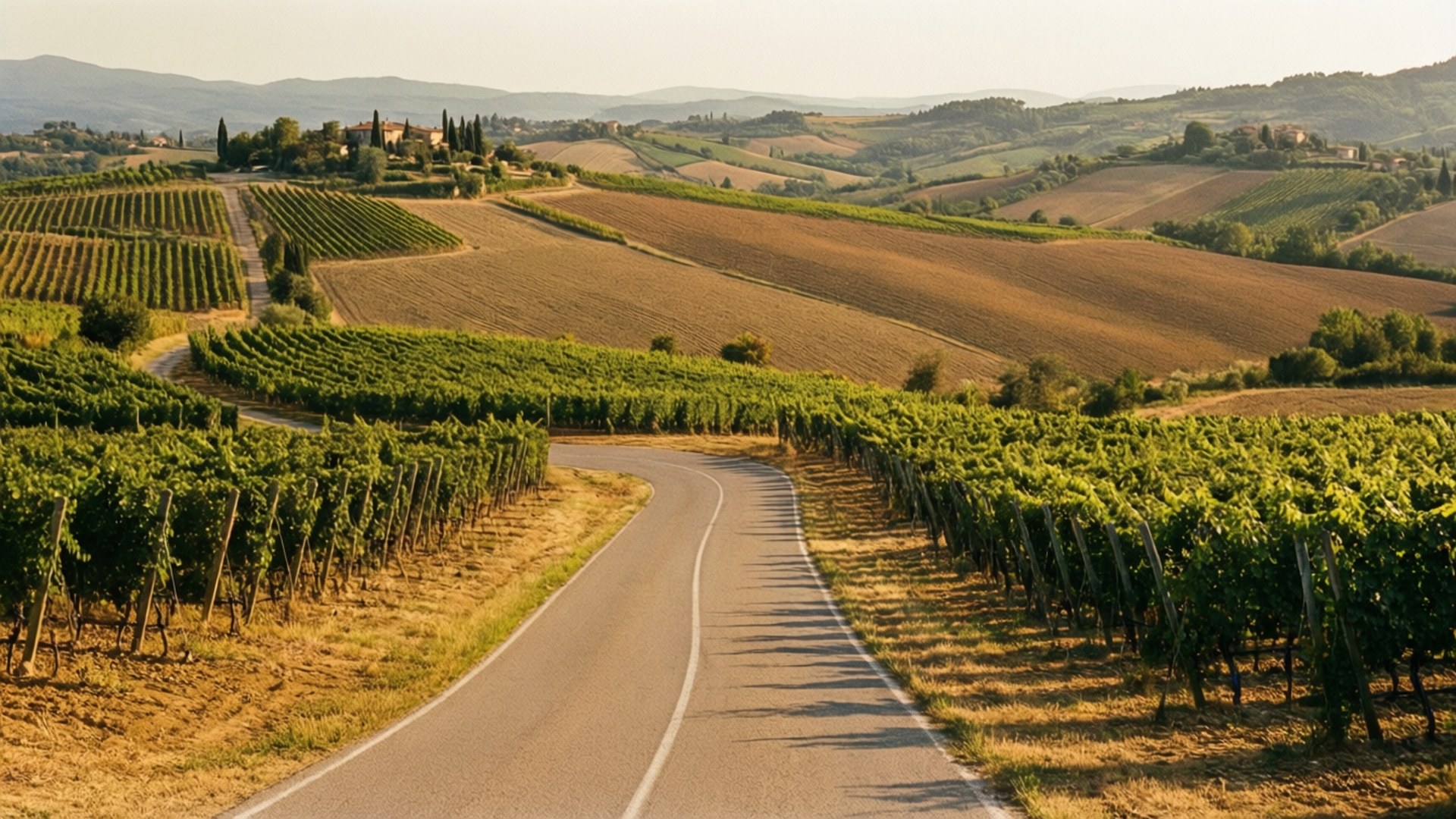Tuscan Vineyard Road 壁紙 — 一條蜿蜒的道路穿過陽光明媚的葡萄園，梯田山丘和遠處的農舍在柔和的金色天空下。