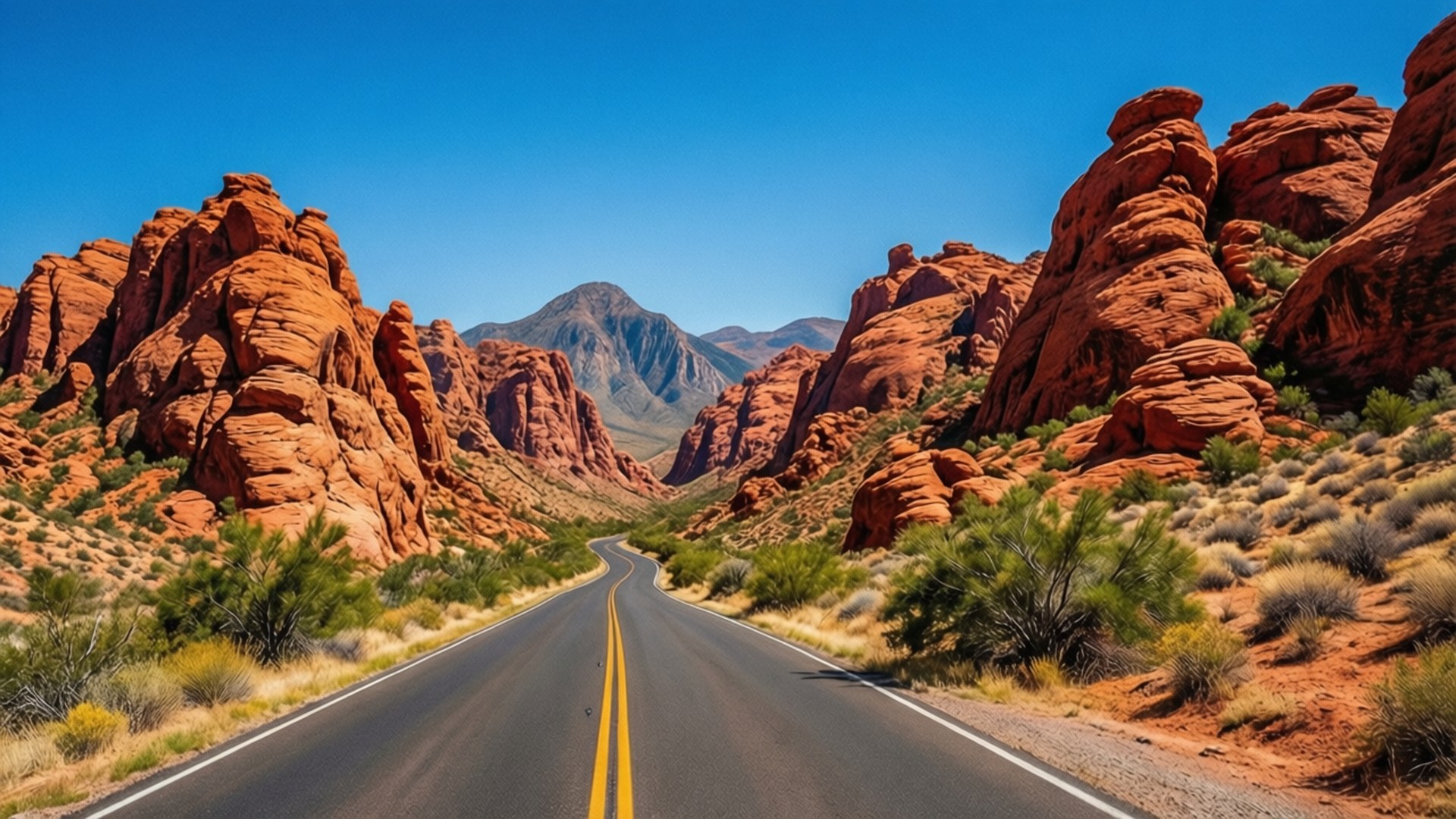 Red Rock Canyon Drive 壁紙 — 一條蜿蜒的瀝青道路帶有黃線，穿過高聳的紅色岩層，在清澈的藍天下。