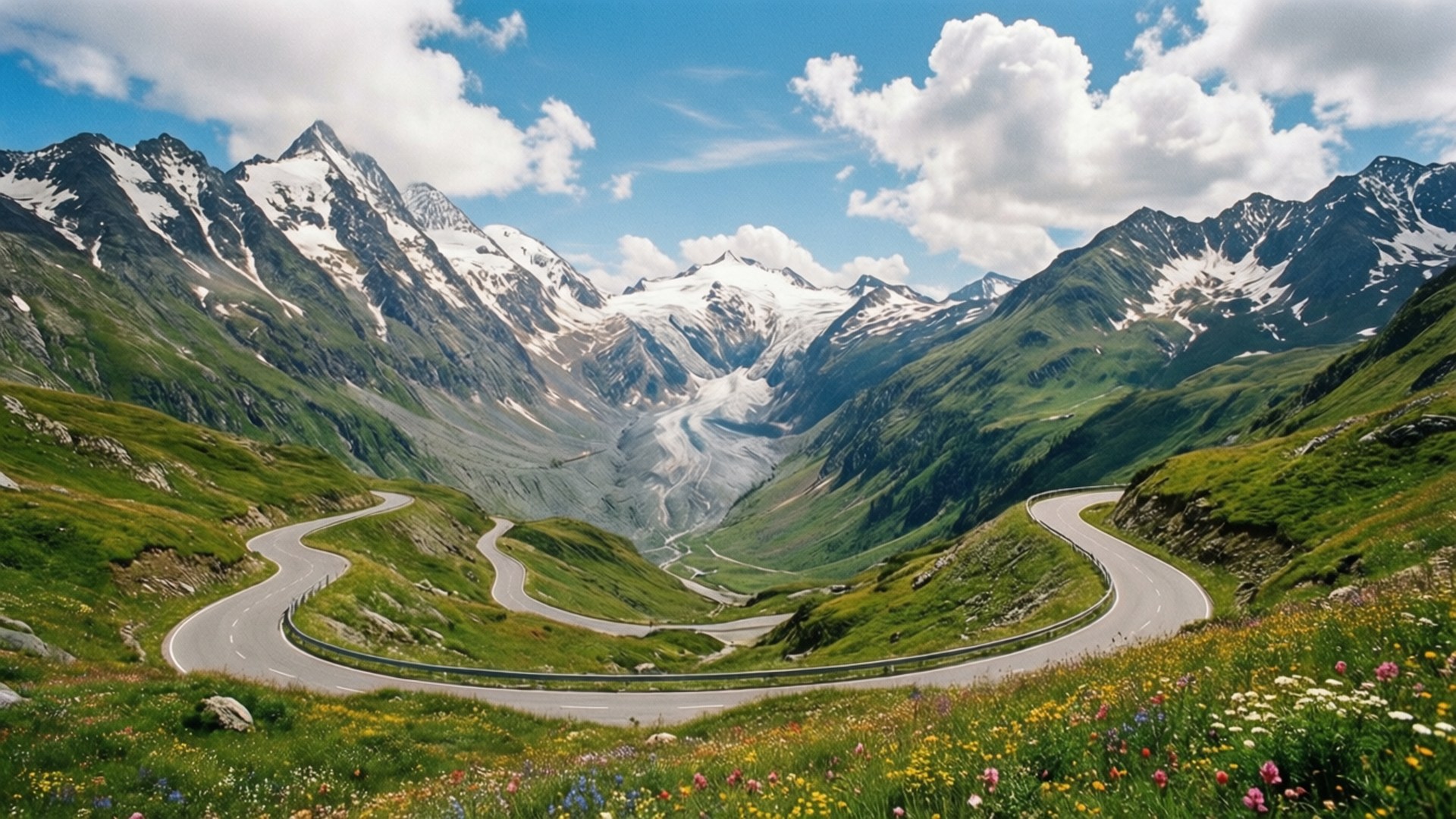 Grossglockner Alpine Road 壁紙 — 一條蜿蜒的瀝青公路穿過鬱鬱蔥蔥的綠色山谷，兩旁是白雪覆蓋的山脈，在明亮的藍天下有蓬鬆的雲朵。