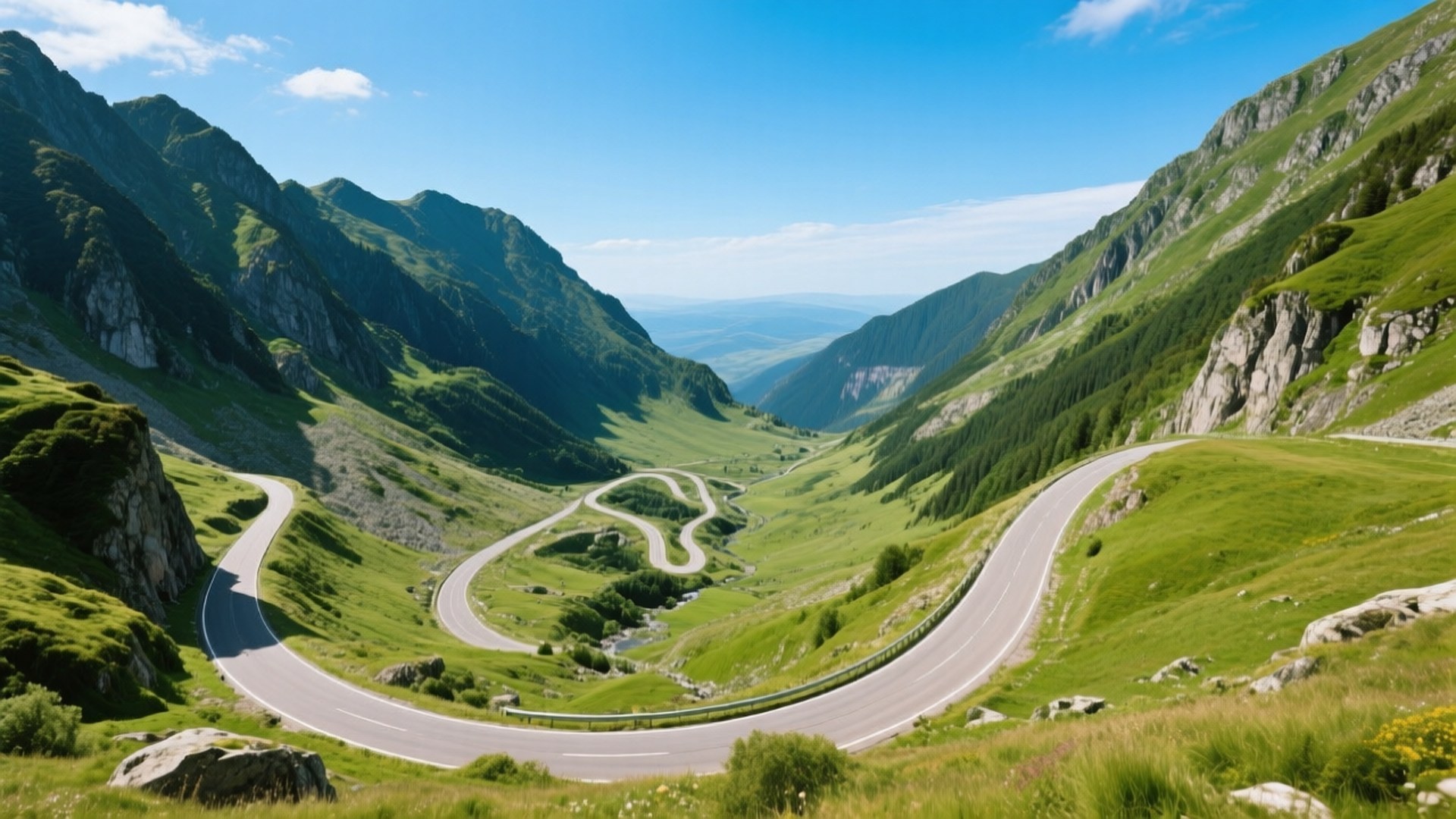 Transfagarasan Adventure 壁紙 — 一條蜿蜒的瀝青公路在明亮的藍天白雲下，蜿蜒穿過鬱鬱蔥蔥的綠色山谷。