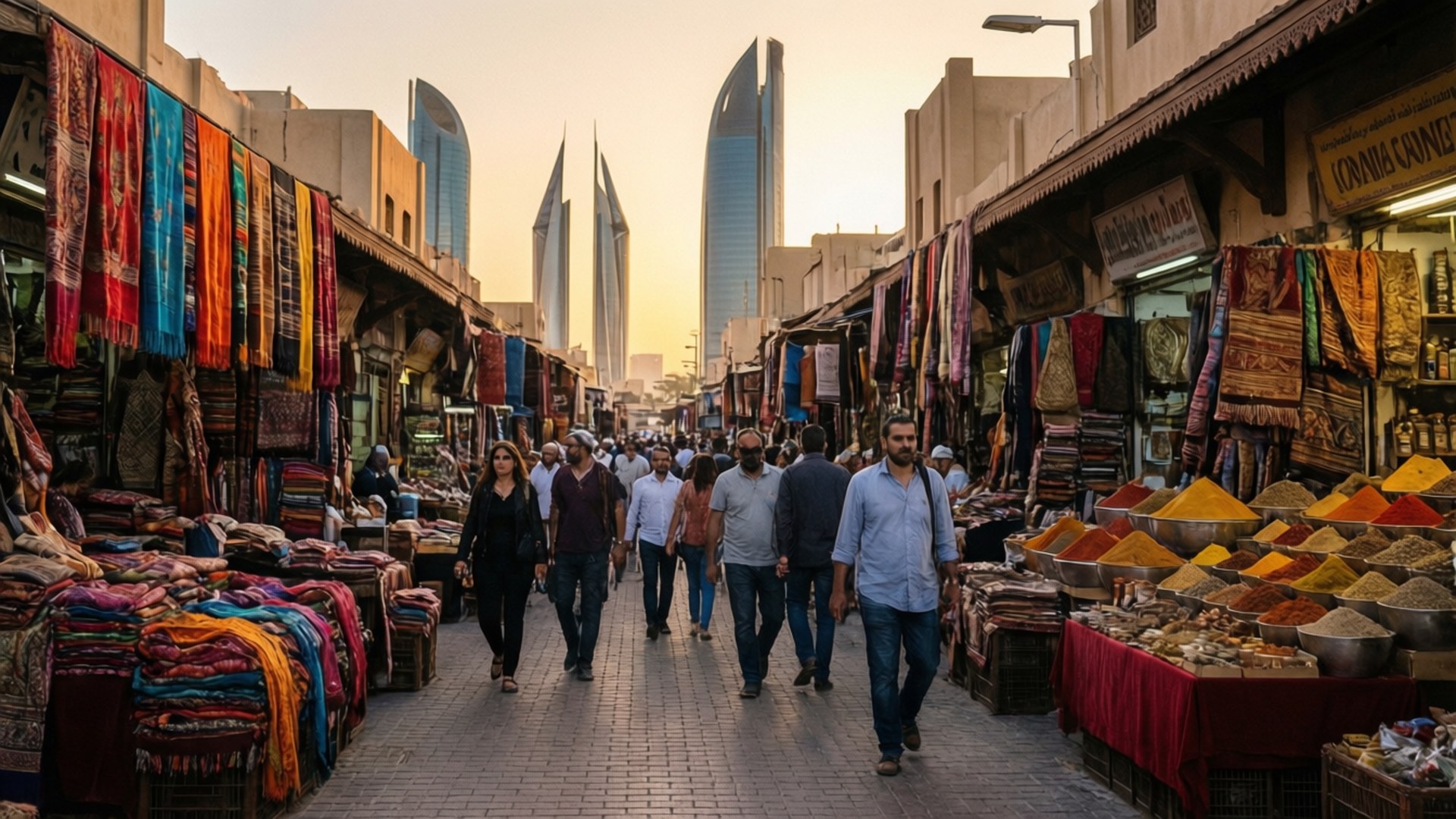 Souk at Sunset 壁紙 — 一條熙來攘往的傳統市場街道，兩旁擺滿色彩繽紛的紡織品和香料攤位，在金色夕陽下，遠處有現代摩天大樓。
