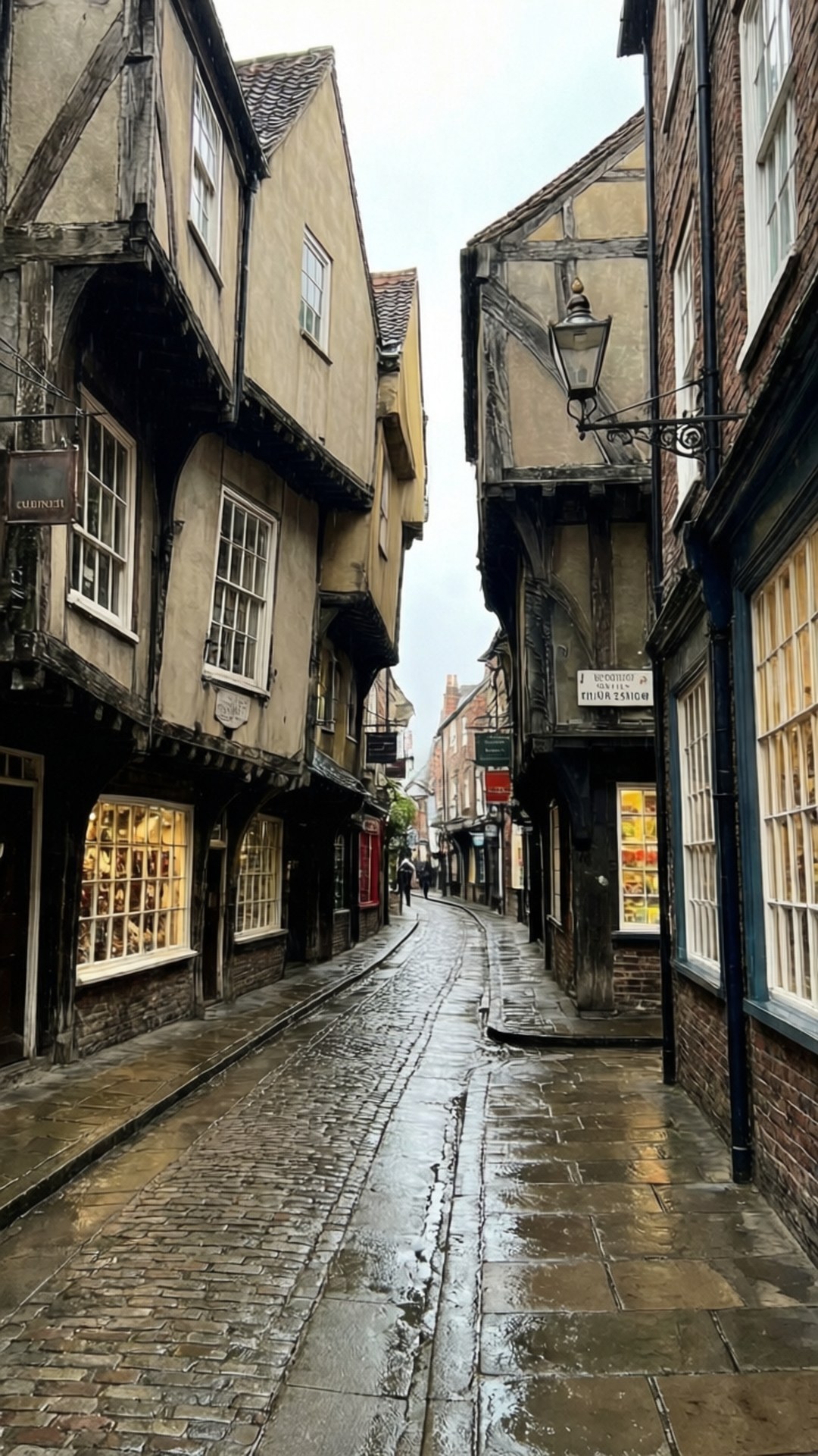 York Shambles Rain 壁紙 — 一條狹窄的鵝卵石小巷，兩旁是歷史悠久的木框架建築，天空陰沉。