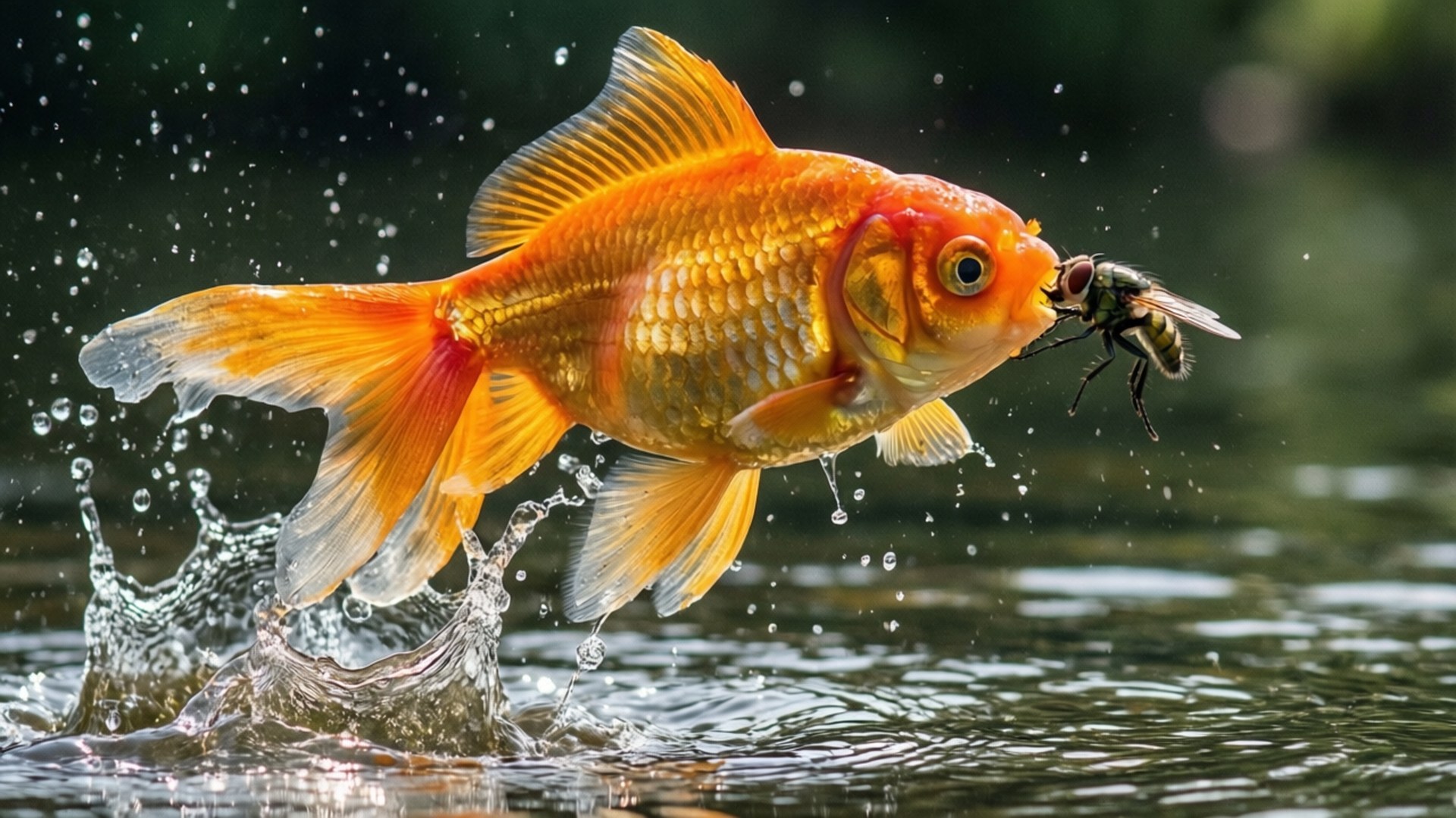 Goldfish Leap Capture 壁紙 — 一條鮮豔的橙色金魚從水中躍起，在半空中用嘴捕捉蒼蠅，水滴四濺。