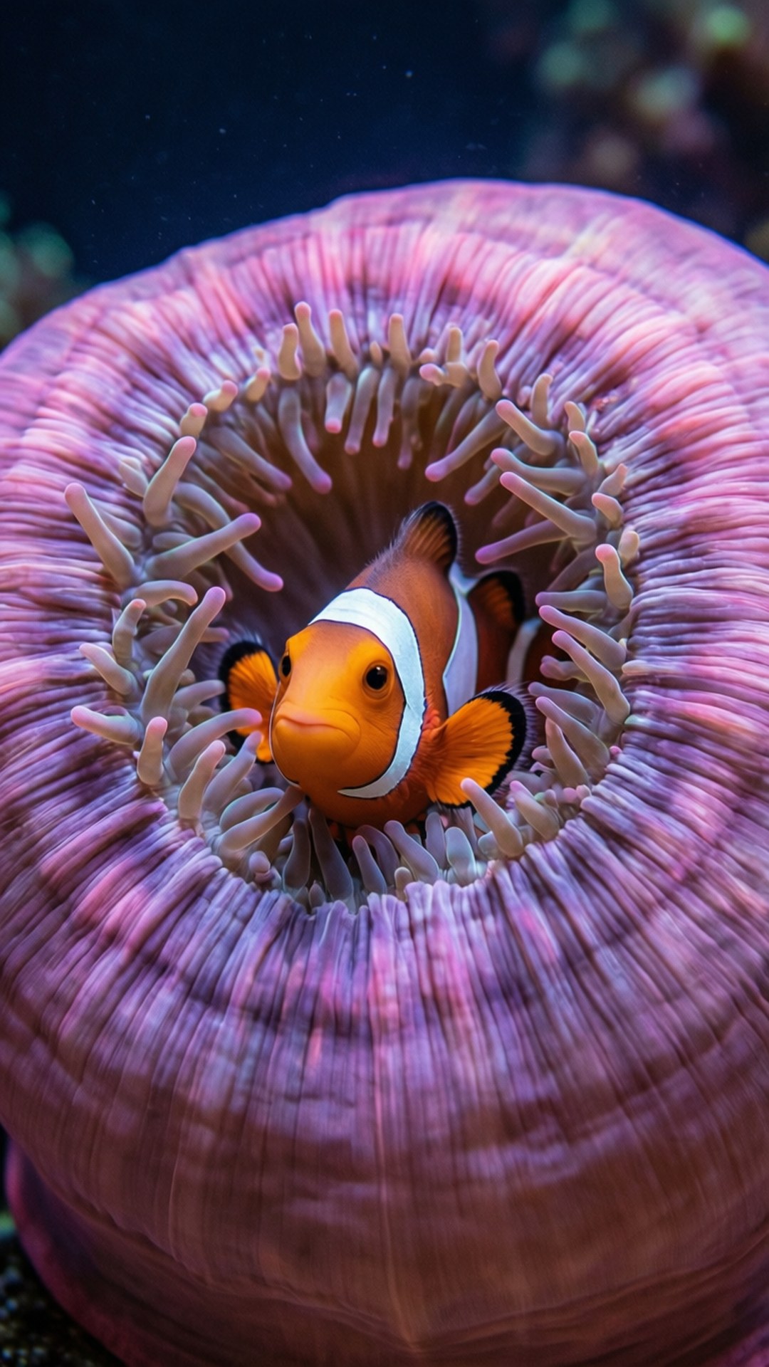nemo 桌布 壁紙 — 一條鮮豔的橙色小丑魚帶有白色條紋，從水下一個巨大的粉紅色海葵中探出頭來。