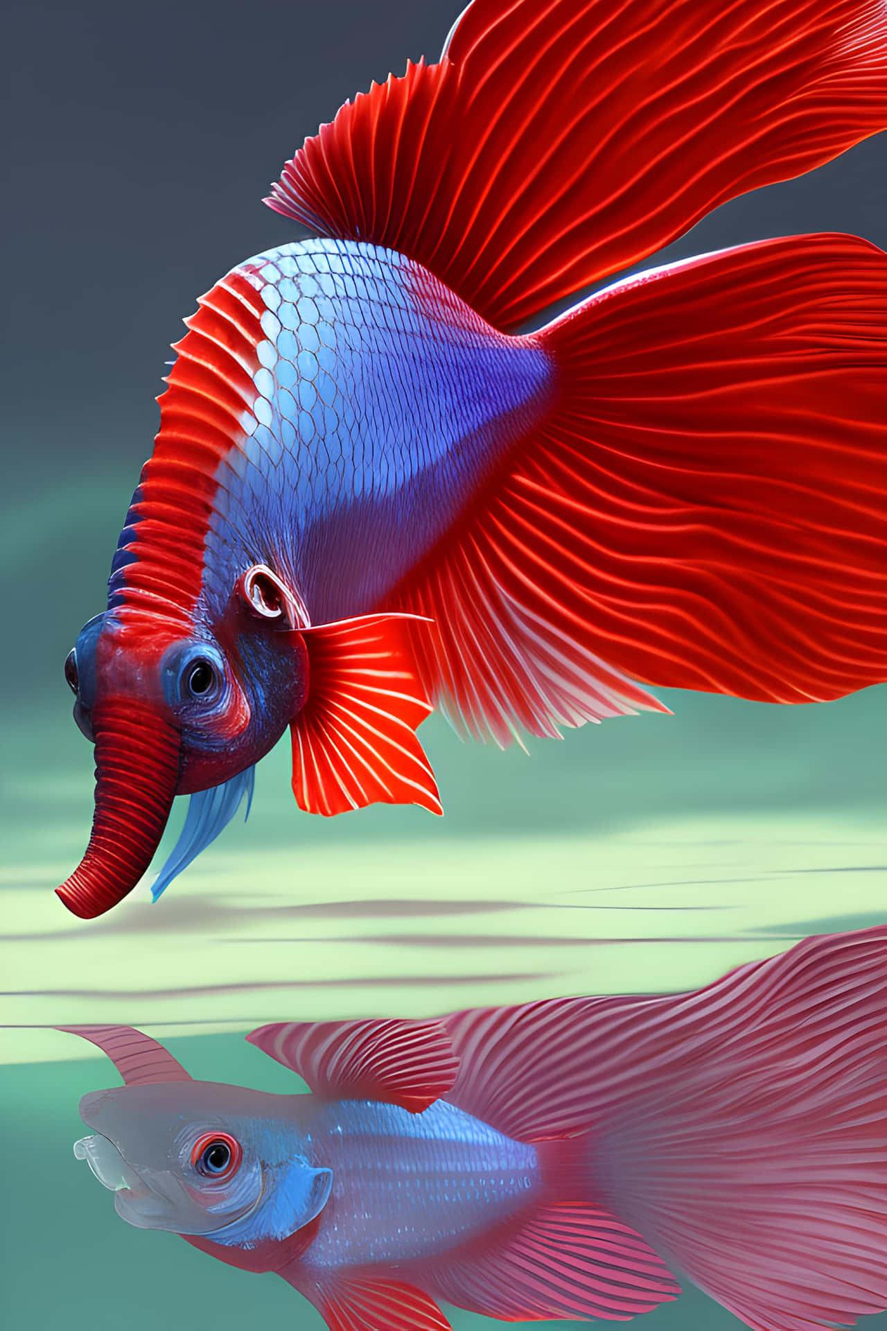  壁紙 — 一條鮮豔的紅藍色鬥魚，擺動著流暢的魚鰭，在平靜的水面上游過自己的倒影。