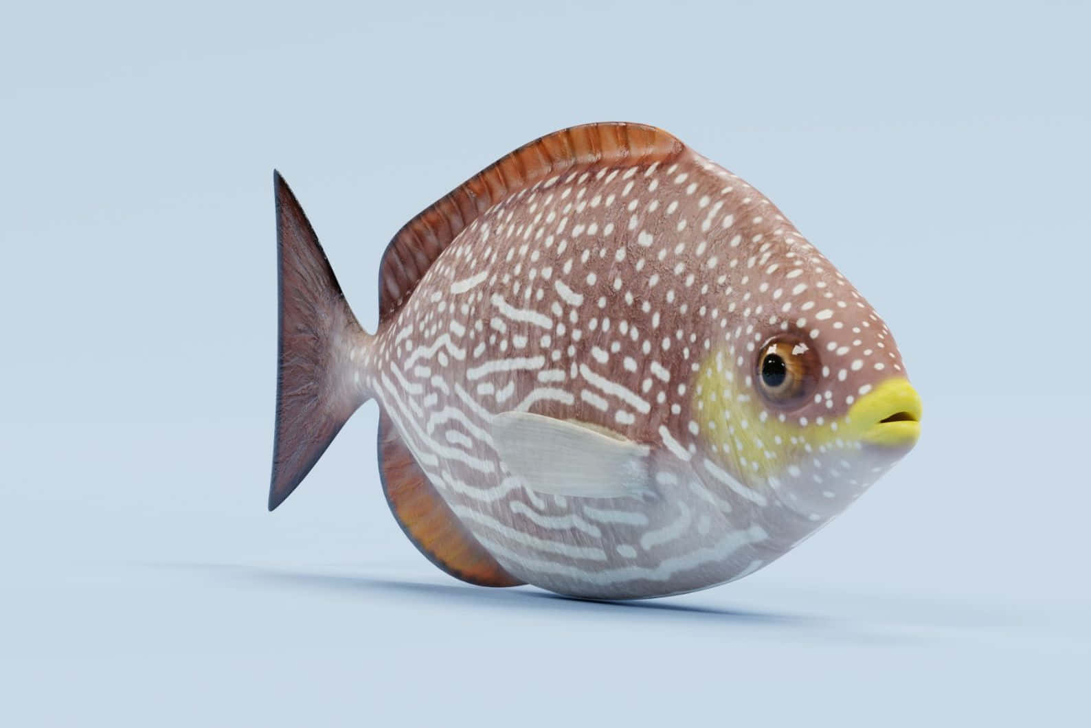  壁紙 — 一條詳細的3D渲染魚，帶有棕色和白色斑點鱗片和黃色嘴巴，放在淺藍色表面上。