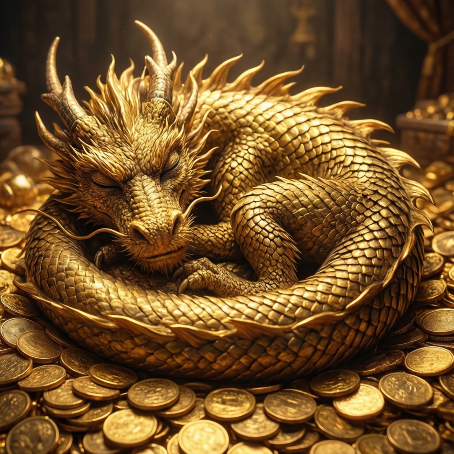 Coins and Slumber 壁紙 — 一條雄偉的金龍蜷縮在閃閃發光的金幣堆上，在昏暗的寶藏室中沉睡。
