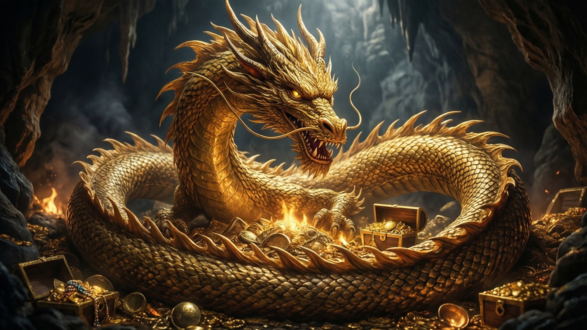 Dragon's Golden Hoard 壁紙 — 一條雄偉的金龍在黑暗的洞穴中保護性地盤繞著寶藏，發光的眼睛直視前方。
