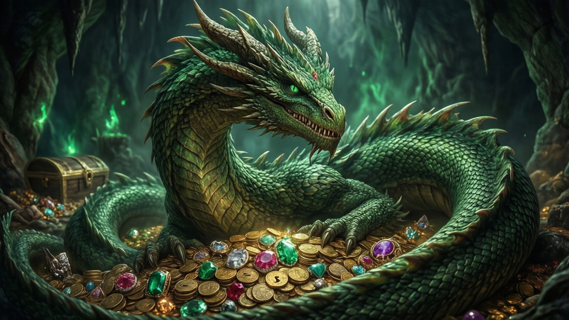 The Hoard Guardian 壁紙 — 一條雄偉的綠色龍在長滿苔蘚的洞穴中保護性地盤繞在閃閃發光的金幣和彩色寶藏上。