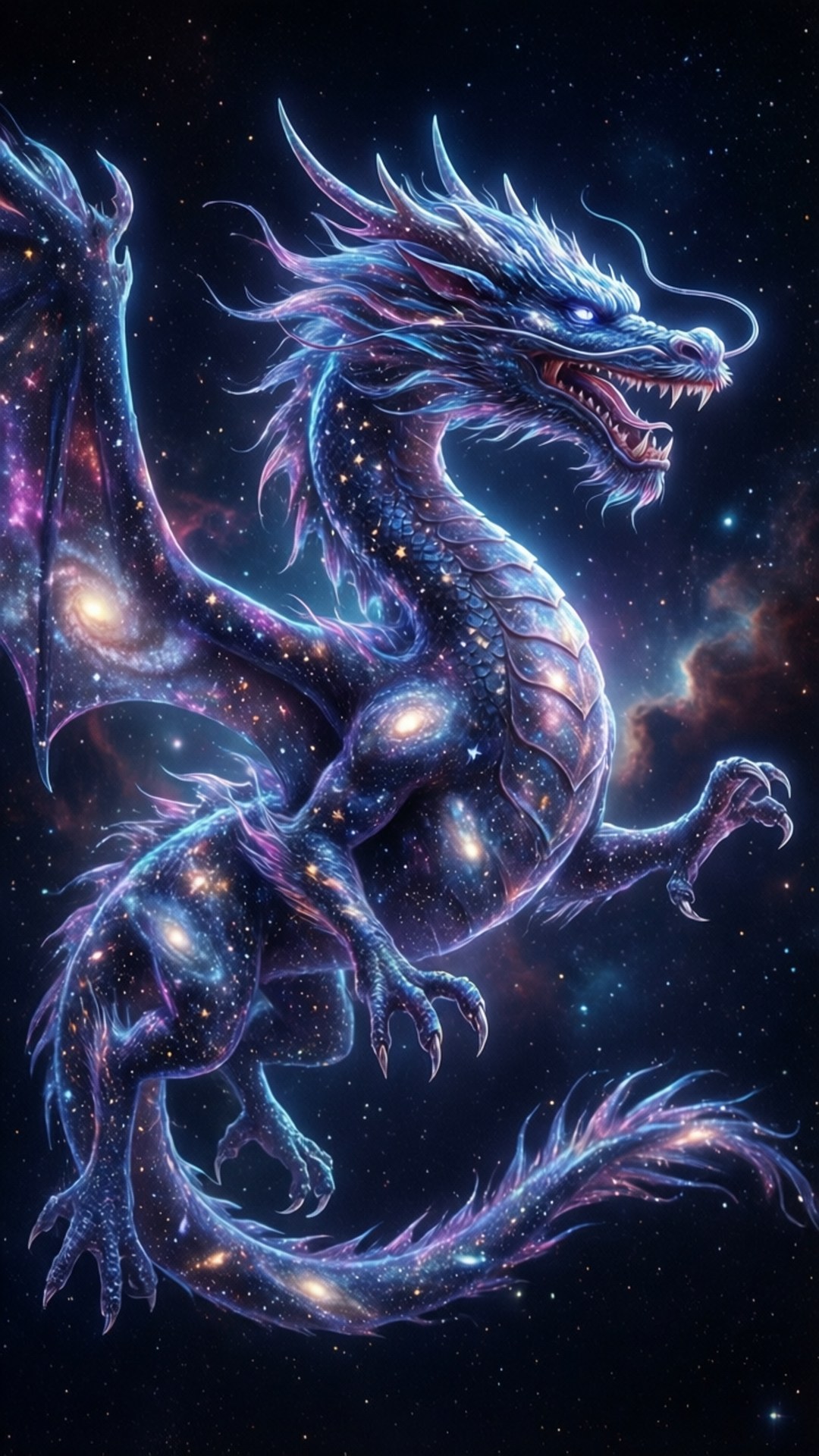 Cosmic Dragon 壁紙 — 一條雄偉的宇宙龍，帶有發光的藍色和紫色鱗片，飛過一個充滿星雲和遙遠星系的繁星銀河。