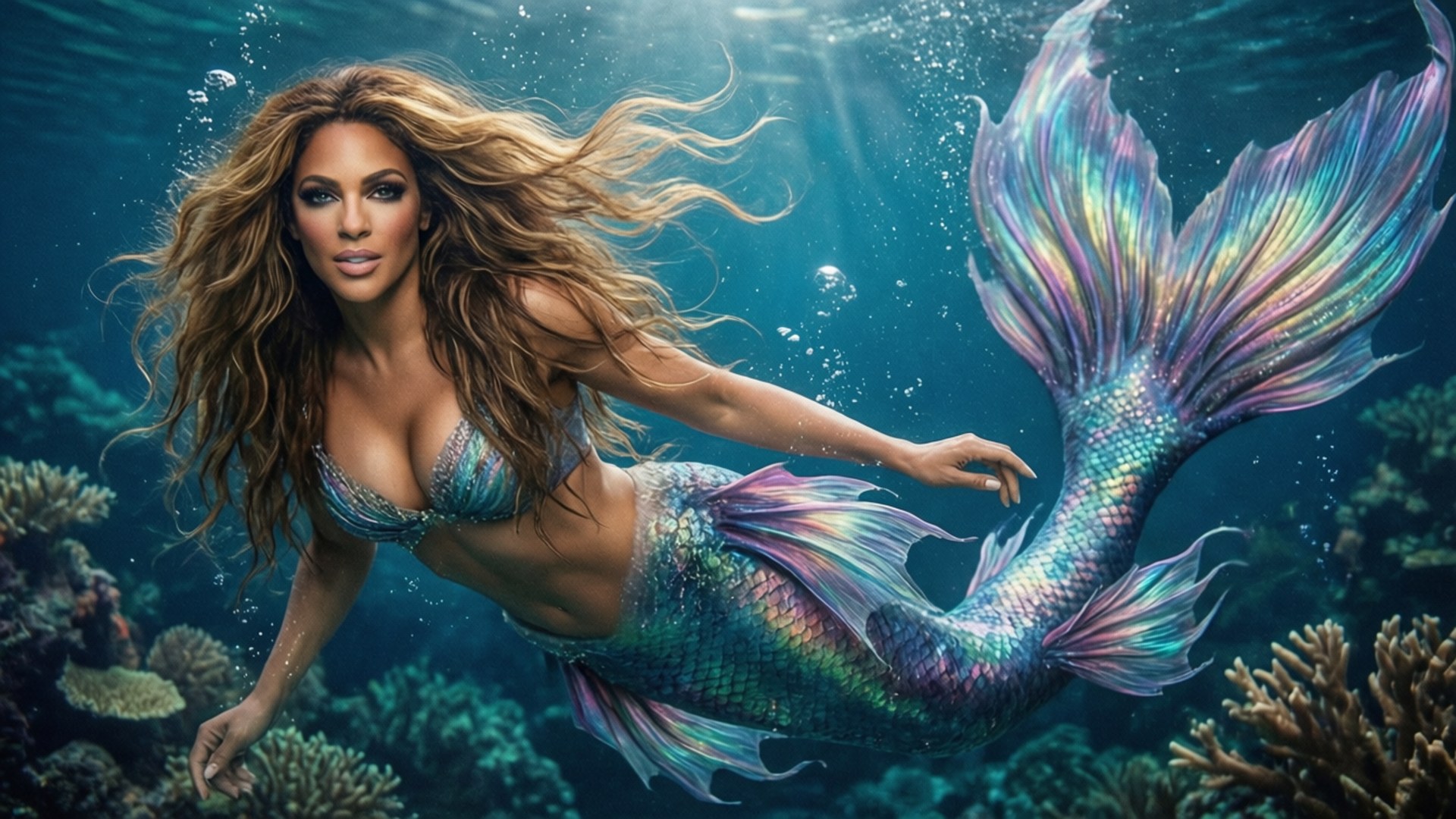 Underwater Mermaid Fantasy 壁紙 — 一條擁有長長飄逸頭髮和彩虹色尾巴的美人魚，在陽光照射的碧綠海水中，於生機勃勃的珊瑚礁上方滑行。
