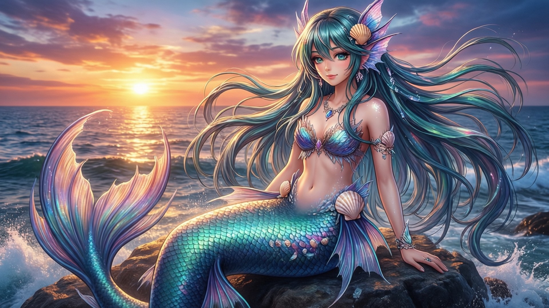 Mermaid Fantasy 壁紙 — 一條擁有飄逸青色頭髮和彩虹色尾巴的美人魚坐在日落時的岩石上，身後海浪拍打。