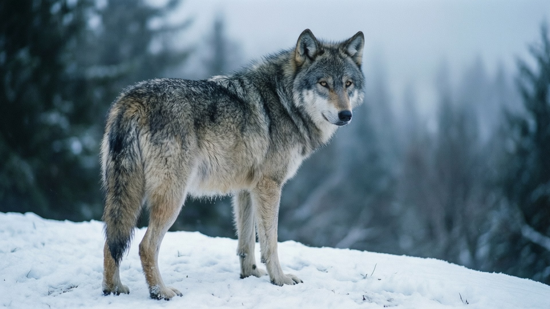 Gray Wolf in Snow 壁紙 — 一頭孤獨的灰狼警覺地站在白雪覆蓋的山脊上，常綠樹在霧濛濛的背景中模糊不清。