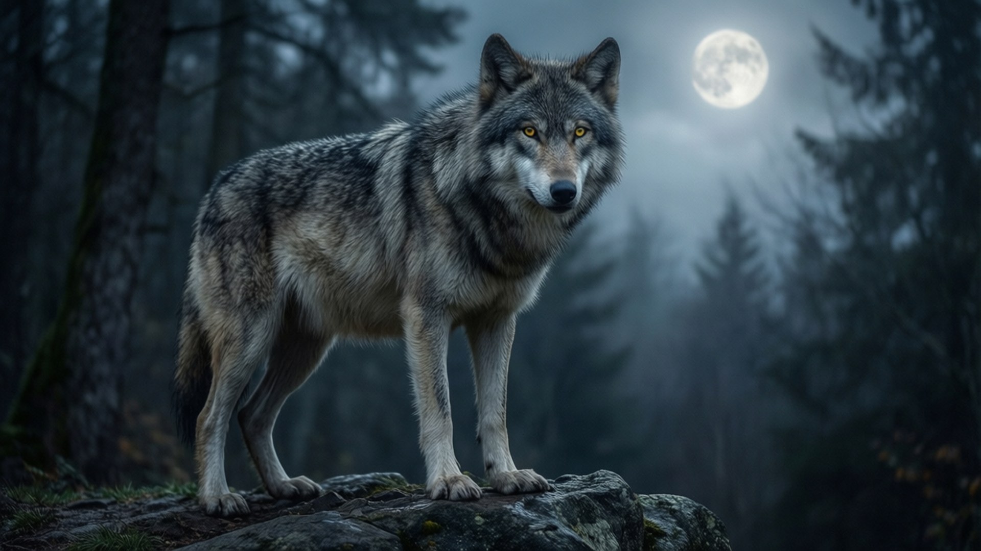 Gray Wolf Howling Moon 壁紙 — 一頭孤獨的灰狼在滿月下警覺地站在霧氣瀰漫的松樹林中一塊長滿苔蘚的石頭上。