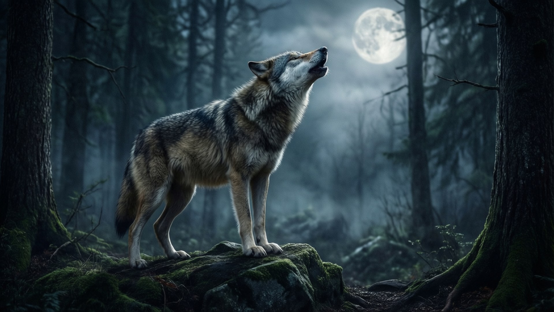 Wolf Howling in Dark Forest 壁紙 — 一頭孤獨的狼站在長滿苔蘚的岩石上，在霧氣瀰漫的森林中對著穿過高樹的滿月嚎叫。