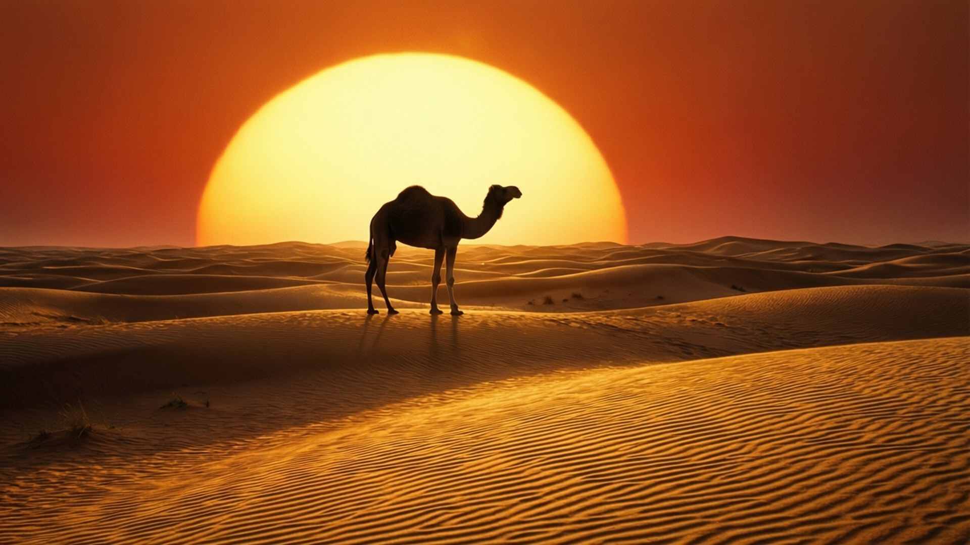 Lone Camel Sunset 壁紙 — 一頭孤獨的駱駝在夕陽下，在波紋狀的沙漠沙丘上形成剪影，背景是巨大的橙色太陽。
