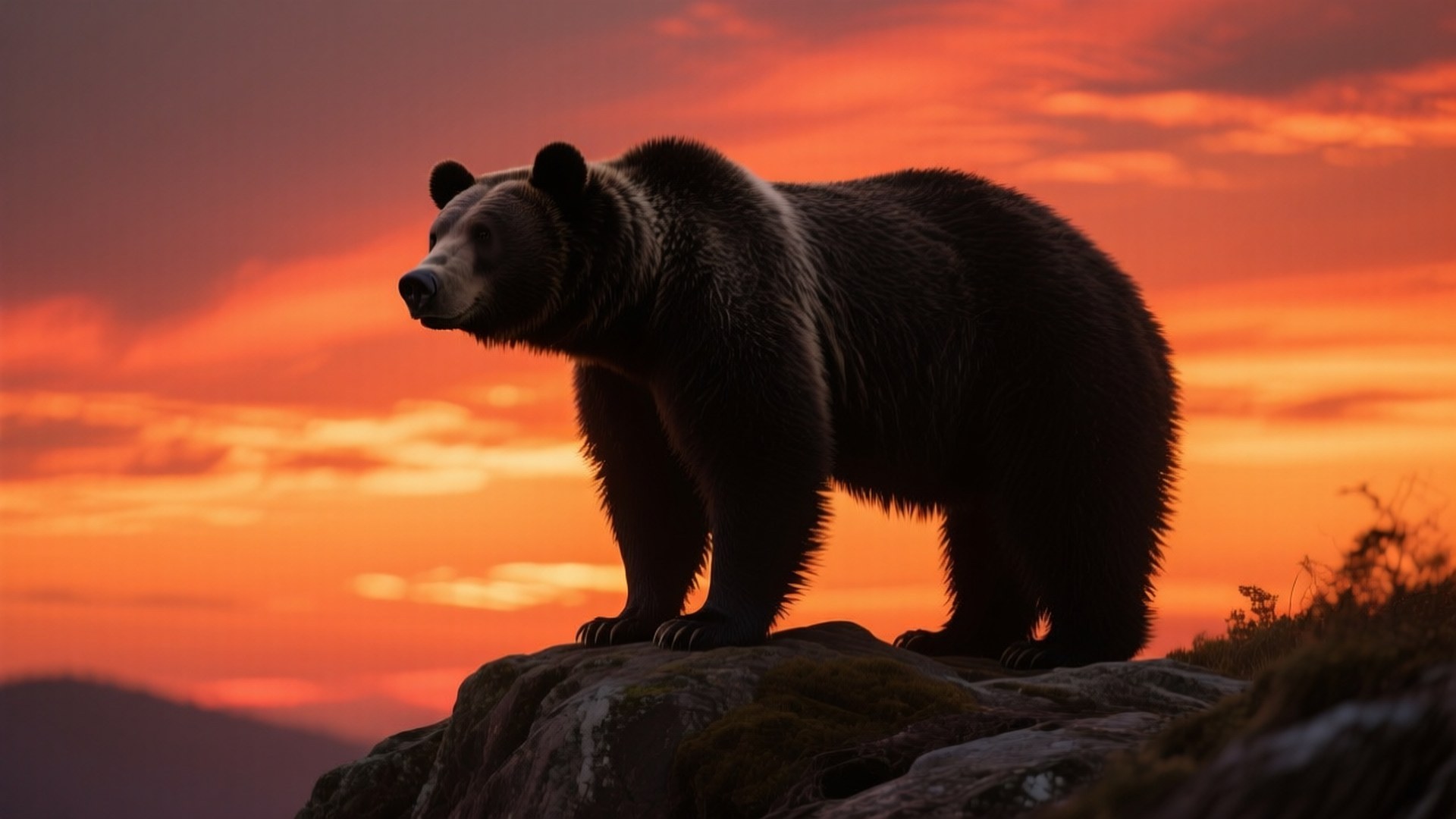 Grizzly at Sunset 壁紙 — 一頭孤獨的棕熊站在長滿苔蘚的岩石上，在火紅的橙色日落天空映襯下形成剪影。
