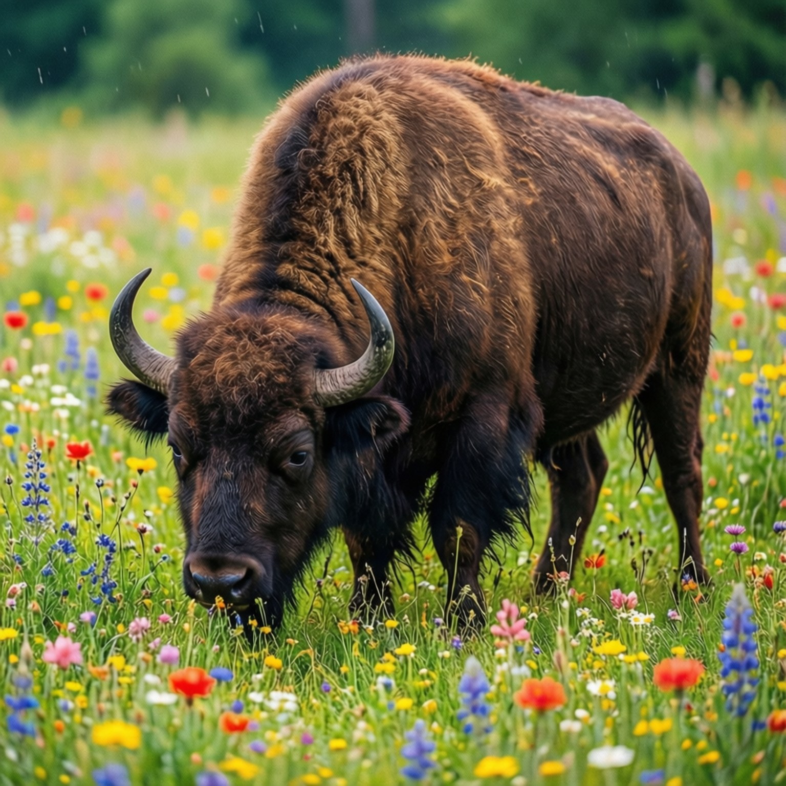 Buffalo in Wildflowers 壁紙 — 一頭巨大的棕色野牛，彎曲的角，在柔和的雨中，在充滿色彩繽紛野花的生機勃勃草地上吃草。