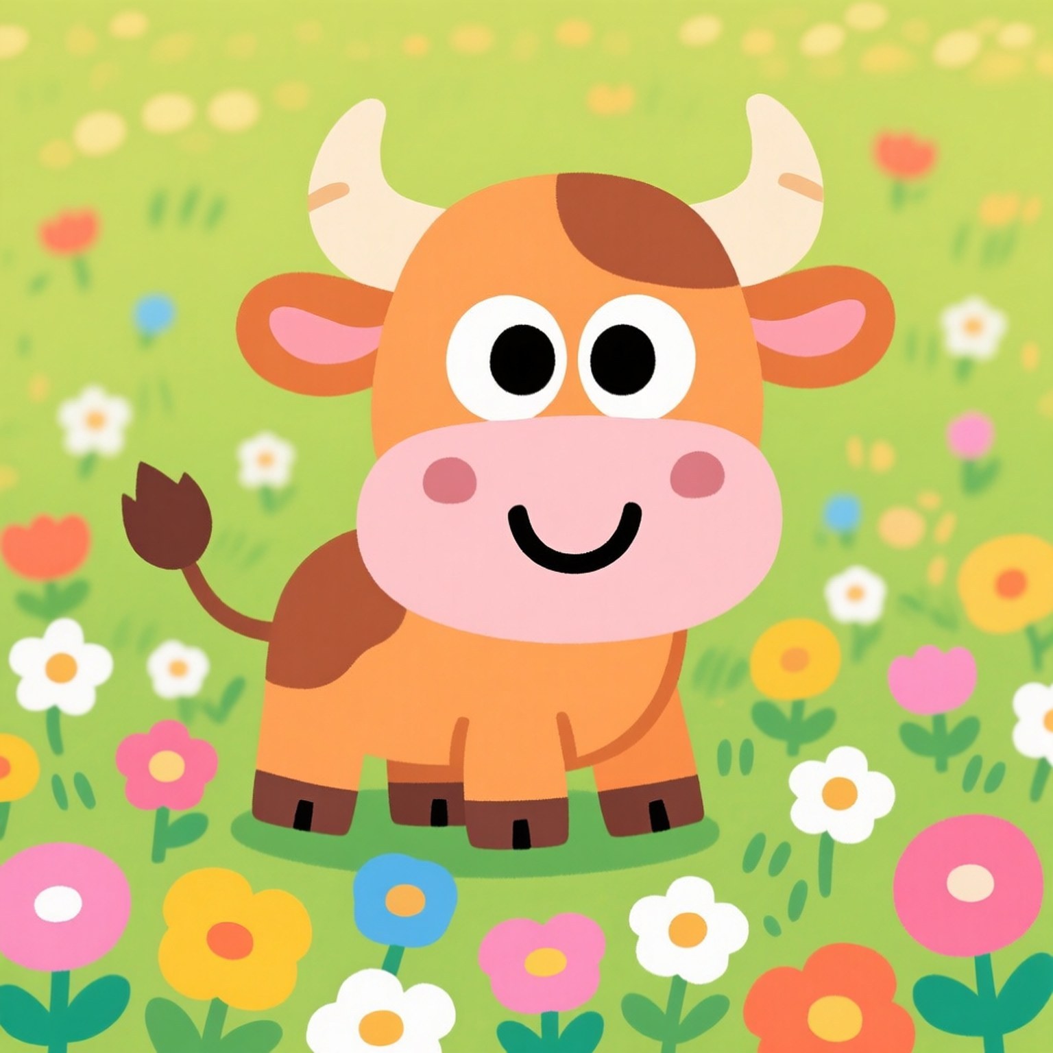 Cartoon Ox 壁紙 — 一頭快樂的卡通牛，大眼睛帶著微笑，站在充滿色彩繽紛花朵的田野中。