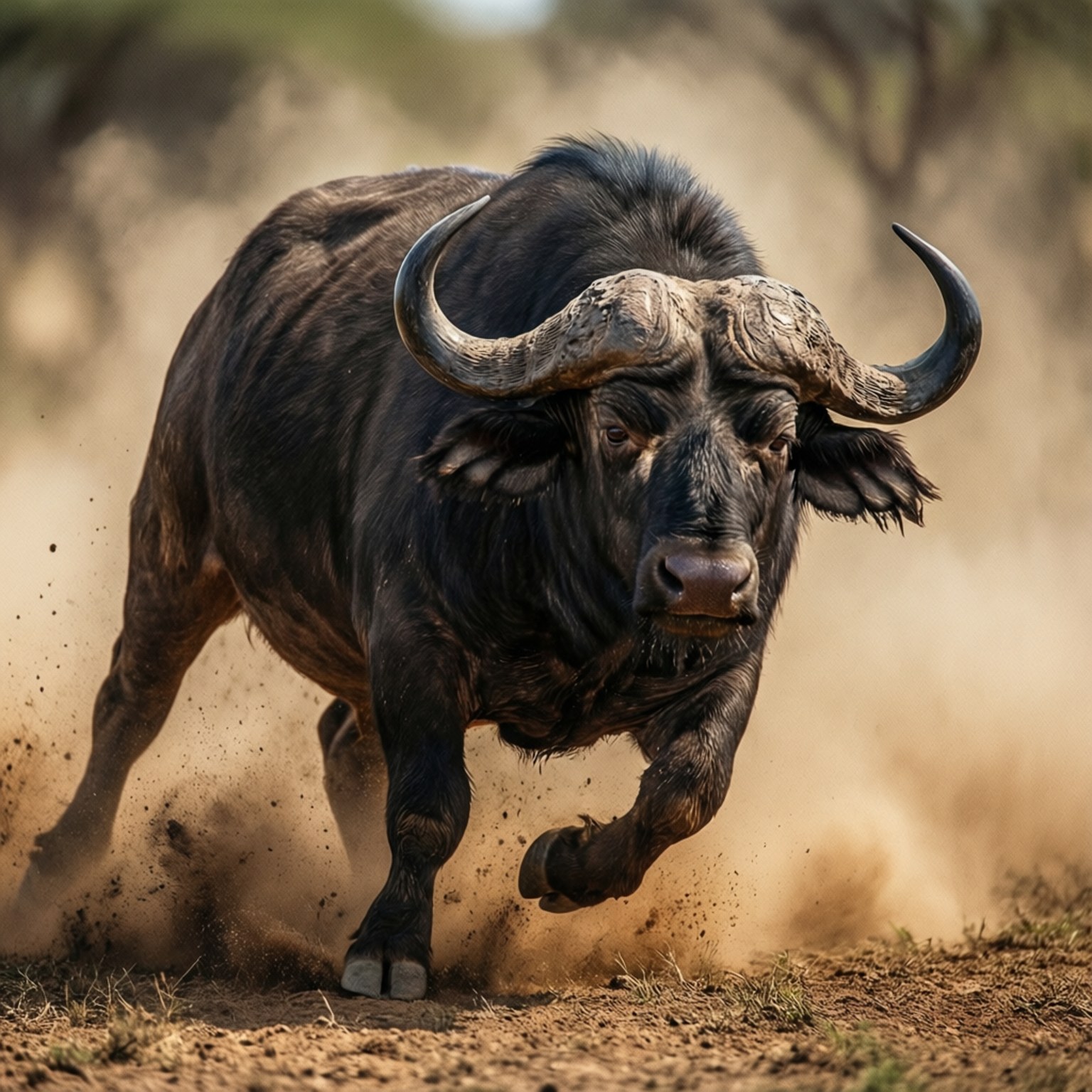 Buffalo Charge 壁紙 — 一頭強壯的非洲水牛在陽光明媚的稀樹草原上向前衝刺，揚起塵土。