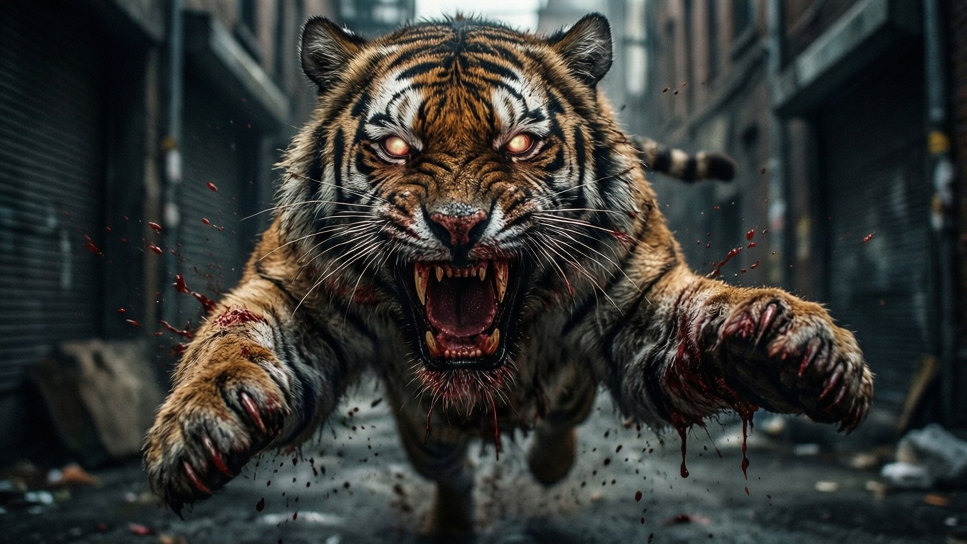 Zombie Tiger Attack 壁紙 — 一頭血淋淋的老虎張開獠牙，眼睛發光，沿著骯髒的城市小巷向前猛撲。
