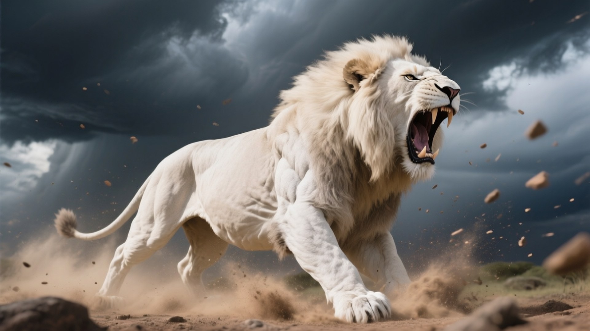 Roaring White Lion 壁紙 — 一頭雄偉的白獅在暴風雨的天空下，猛烈地衝過塵土飛揚的稀樹草原，發出兇猛的咆哮。