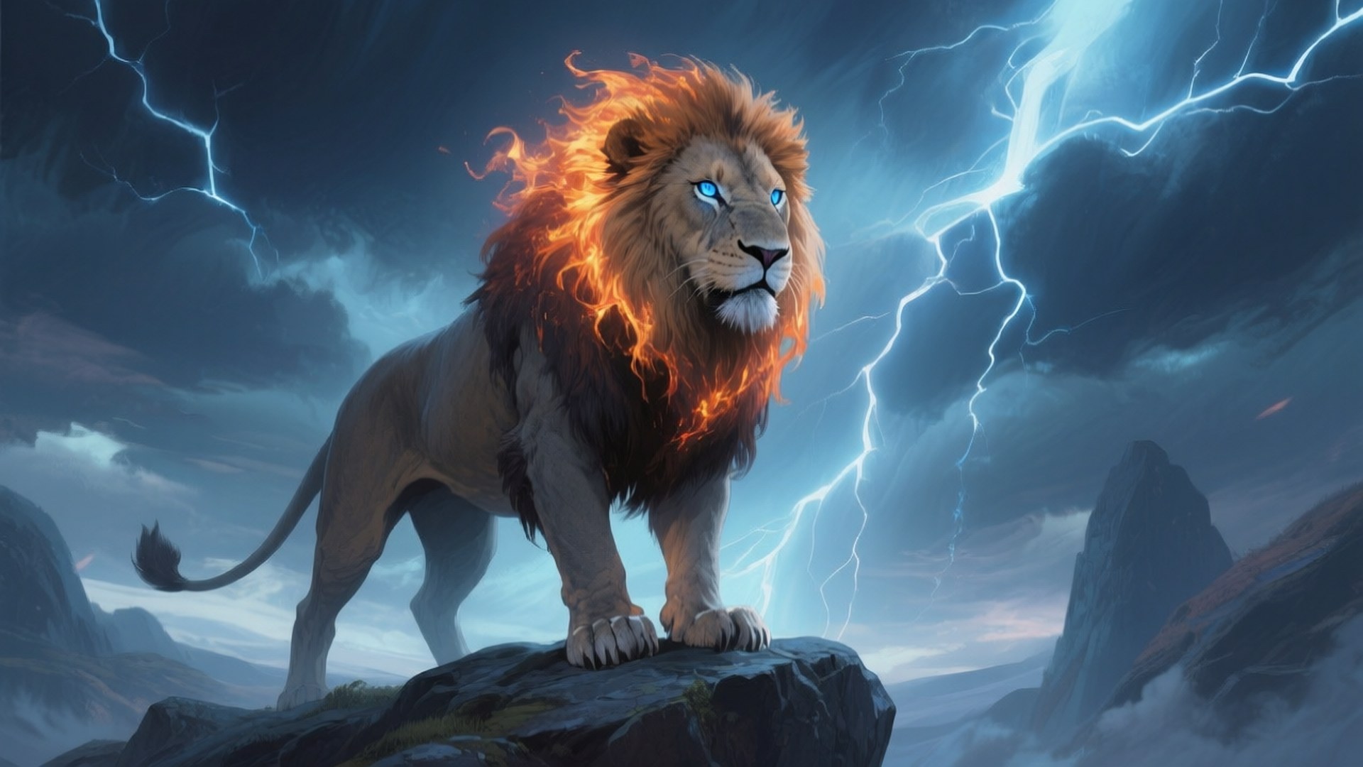 Fire and Ice Lion 壁紙 — 一頭雄偉的獅子，擁有火焰般的鬃毛和發光的藍色眼睛，站在岩石頂峰上，閃電劃過暴風雨的天空。