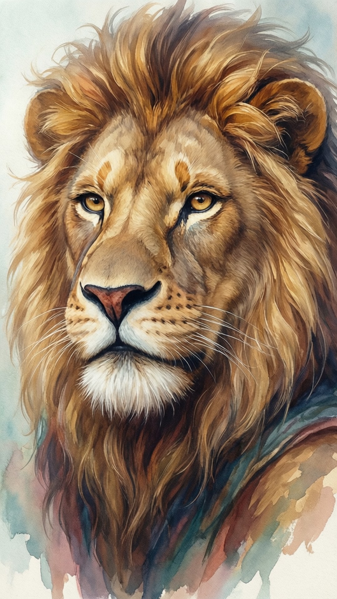 Watercolor Lion-O 壁紙 — 一頭雄偉的雄獅，擁有豐滿的金色鬃毛，在柔和的水彩背景下凝視著。